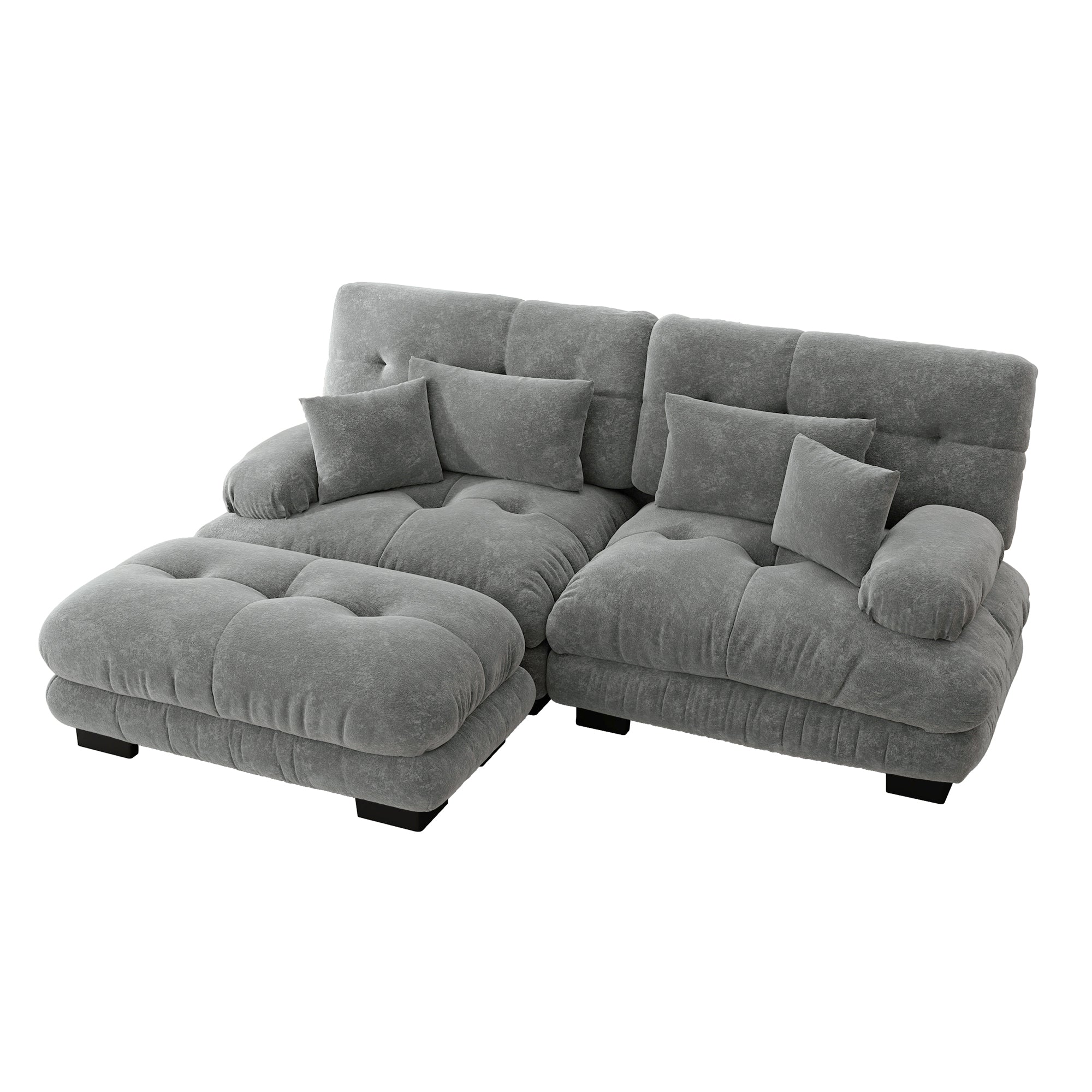 Cloud Corner Sofa, Double with Lumbar & Decorative Pillows, Wide Armrests & Ottoman, Chenille Grey