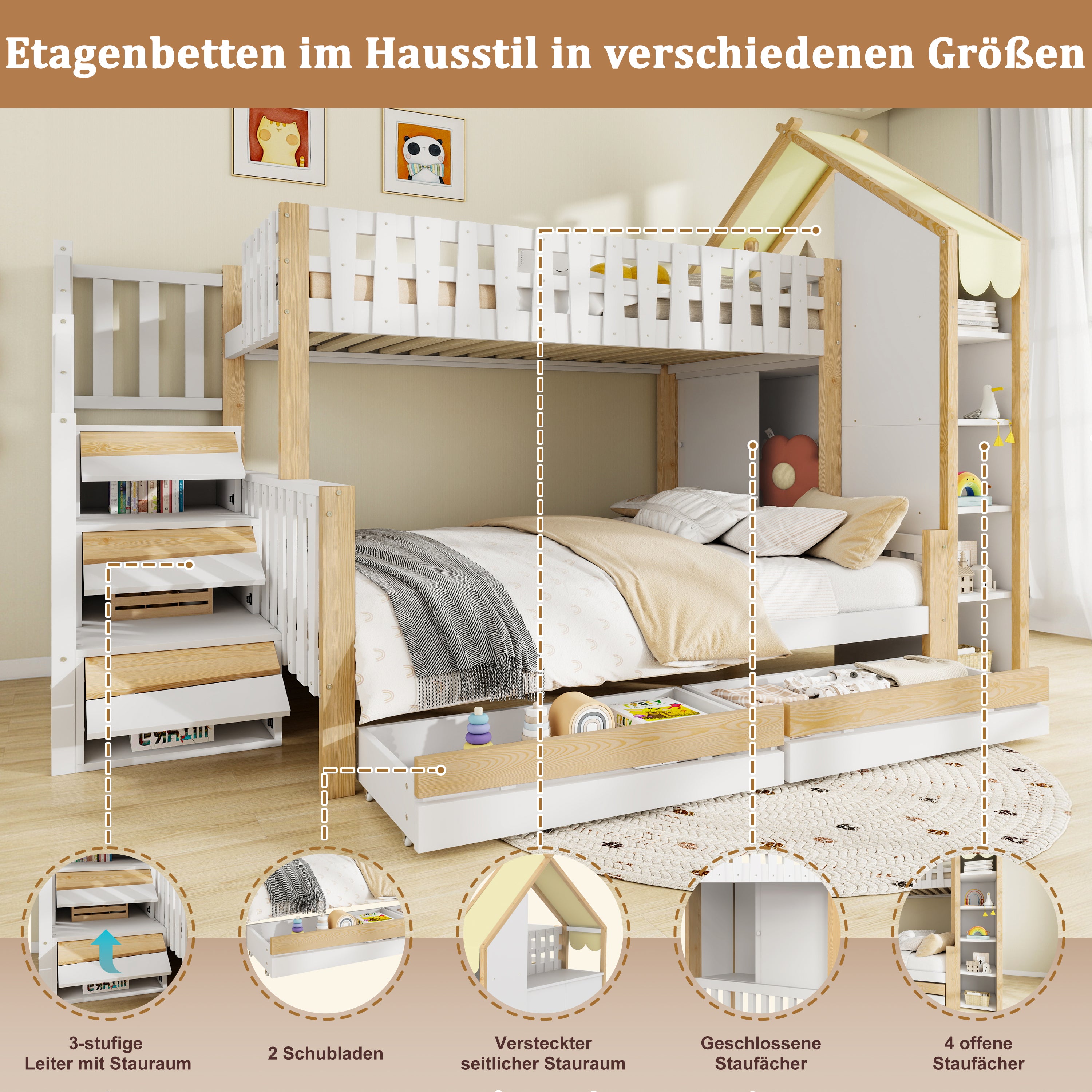 Bunk Bed, 90x200cm + 140x200cm, Storage Ladder, 2 Drawers, White + Natural