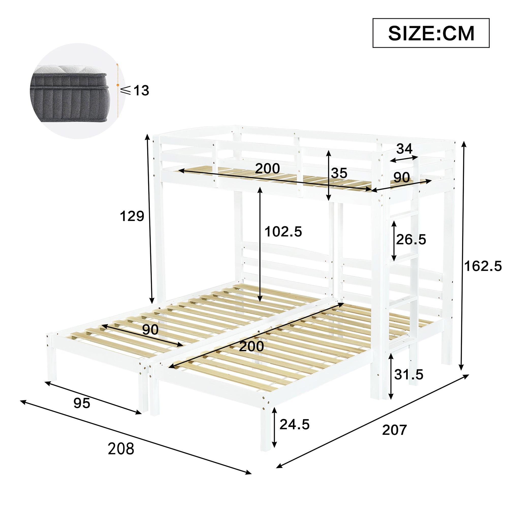 Triple Bunk Bed 90x200cm Side Ladder for Children/Teens, White