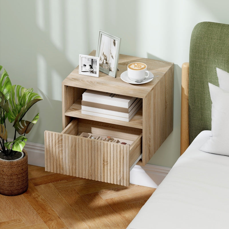 Nightstand, Handleless Wall-Mounted with Drawer & Open Compartment, Light Brown