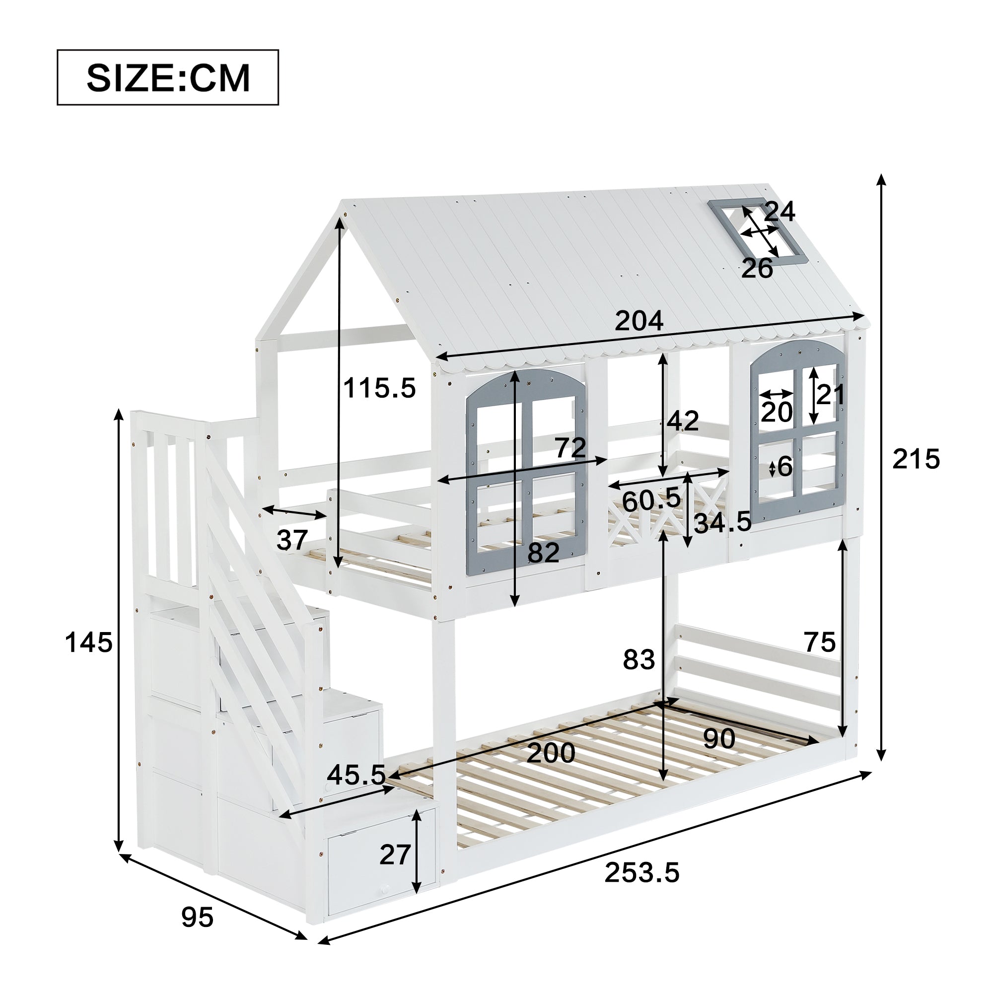 Bunk Bed with Roof & Window, Safety Gate & 3 Stair Lockers, 90x200cm Pine+MDF White+Grey