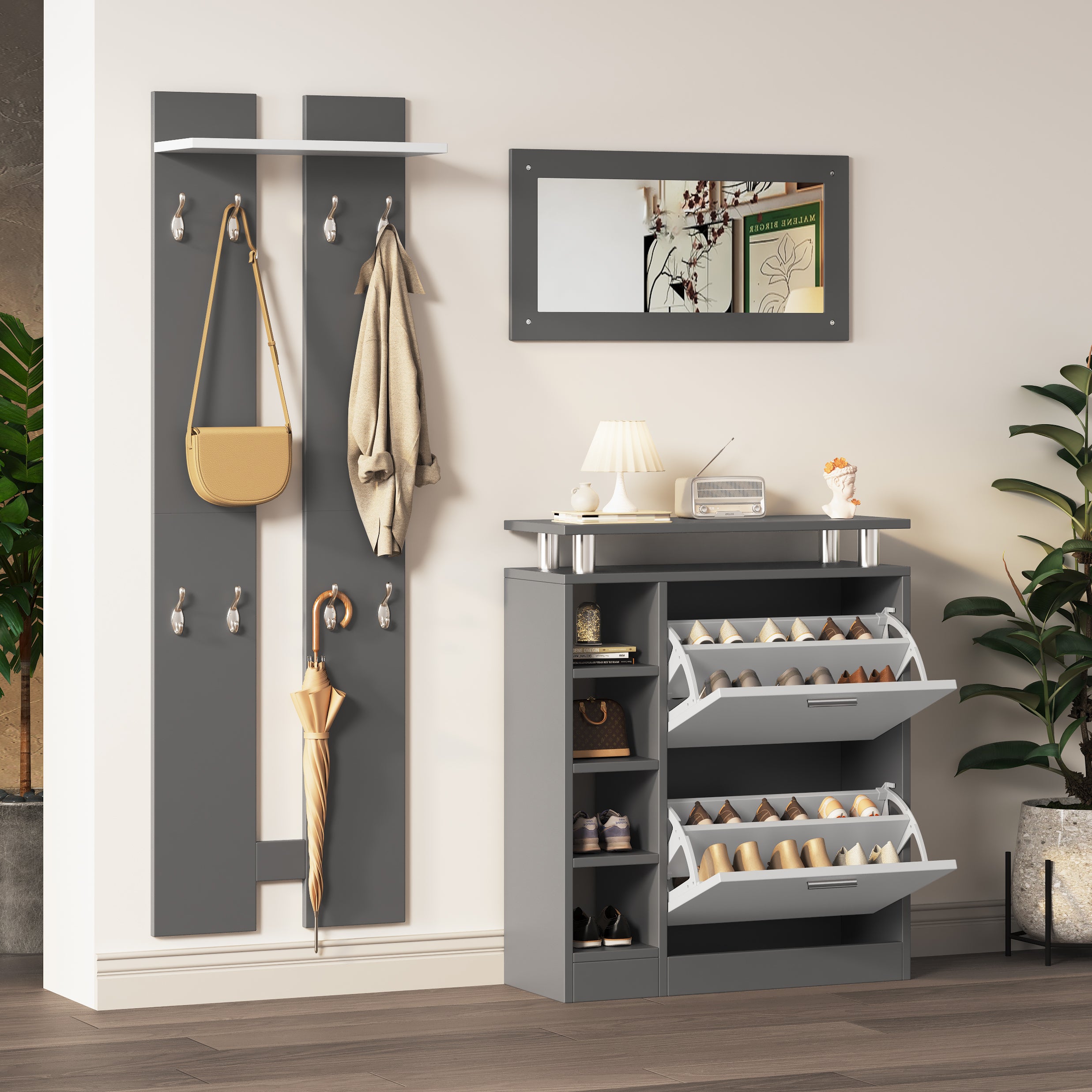 Wall-mounted Wardrobe Set, Mirror, Shoe Cabinet, Anthracite Grey Matt