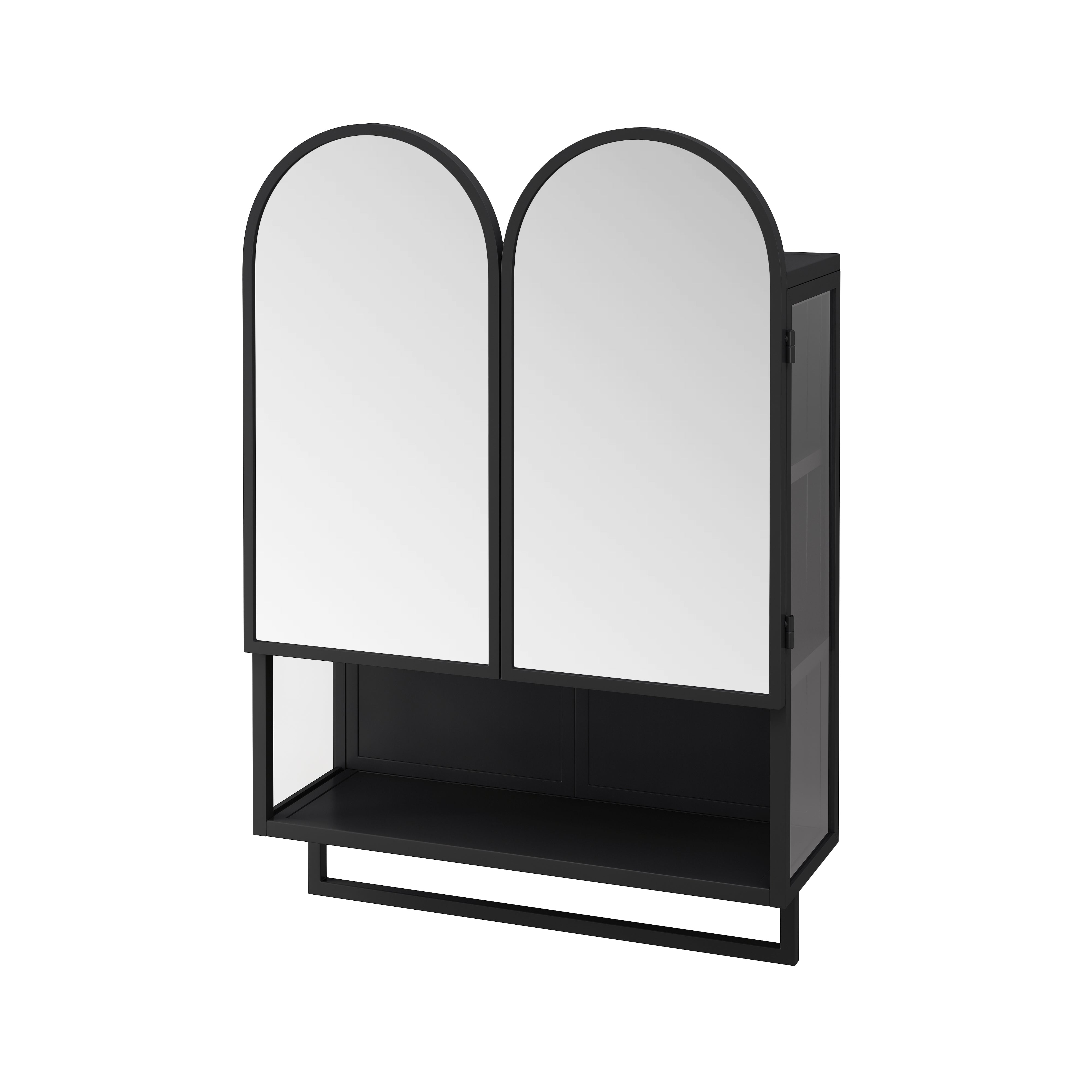 Mirror Cabinet 60CM Double-Arched 2 Doors Open Shelf Metal Black