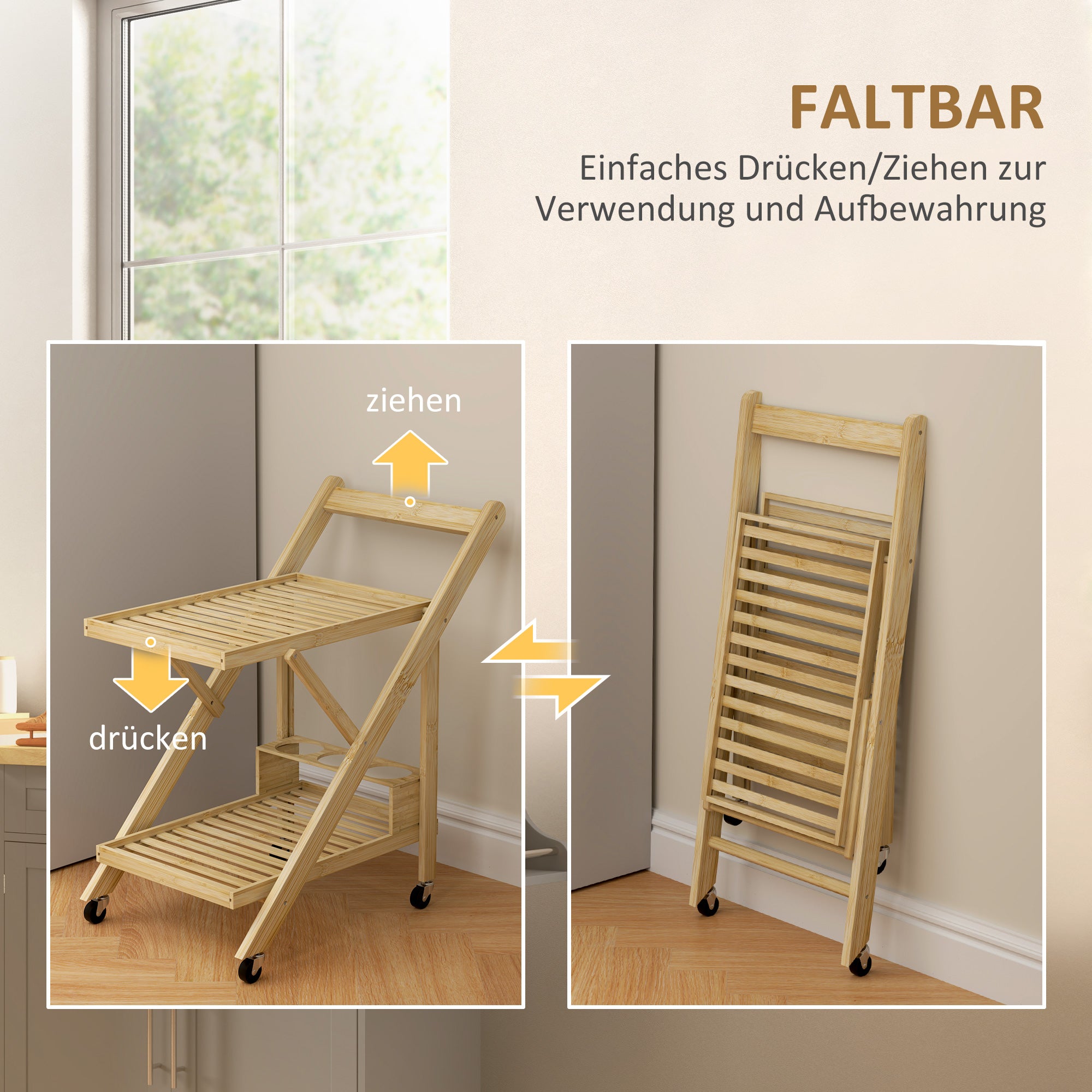 Kitchen Cart with Wine Rack, 2-Level Rolling, Bamboo Natural