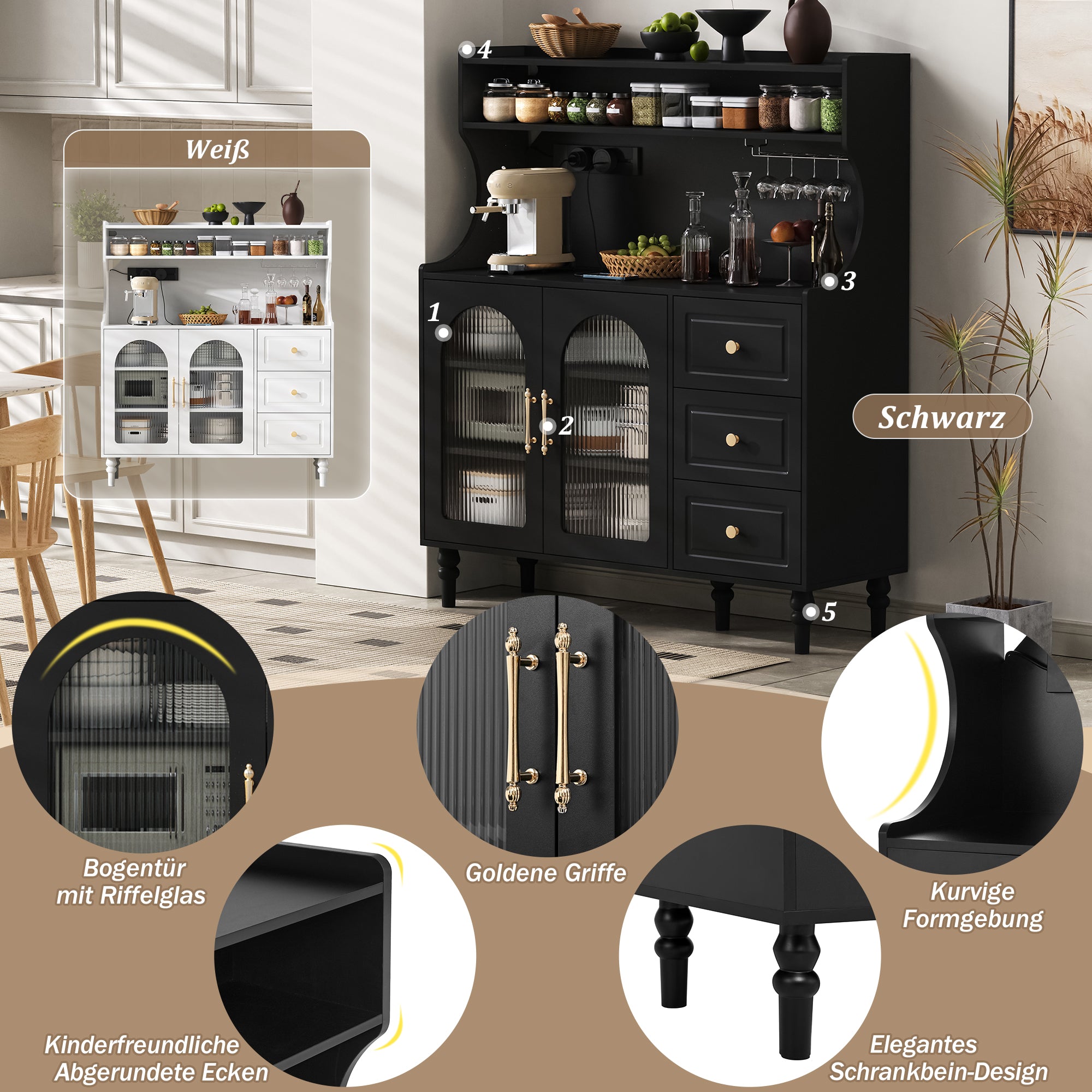 Tall Cabinet Bar Storage with Sockets, Wine Rack & Adjustable Shelves - Black