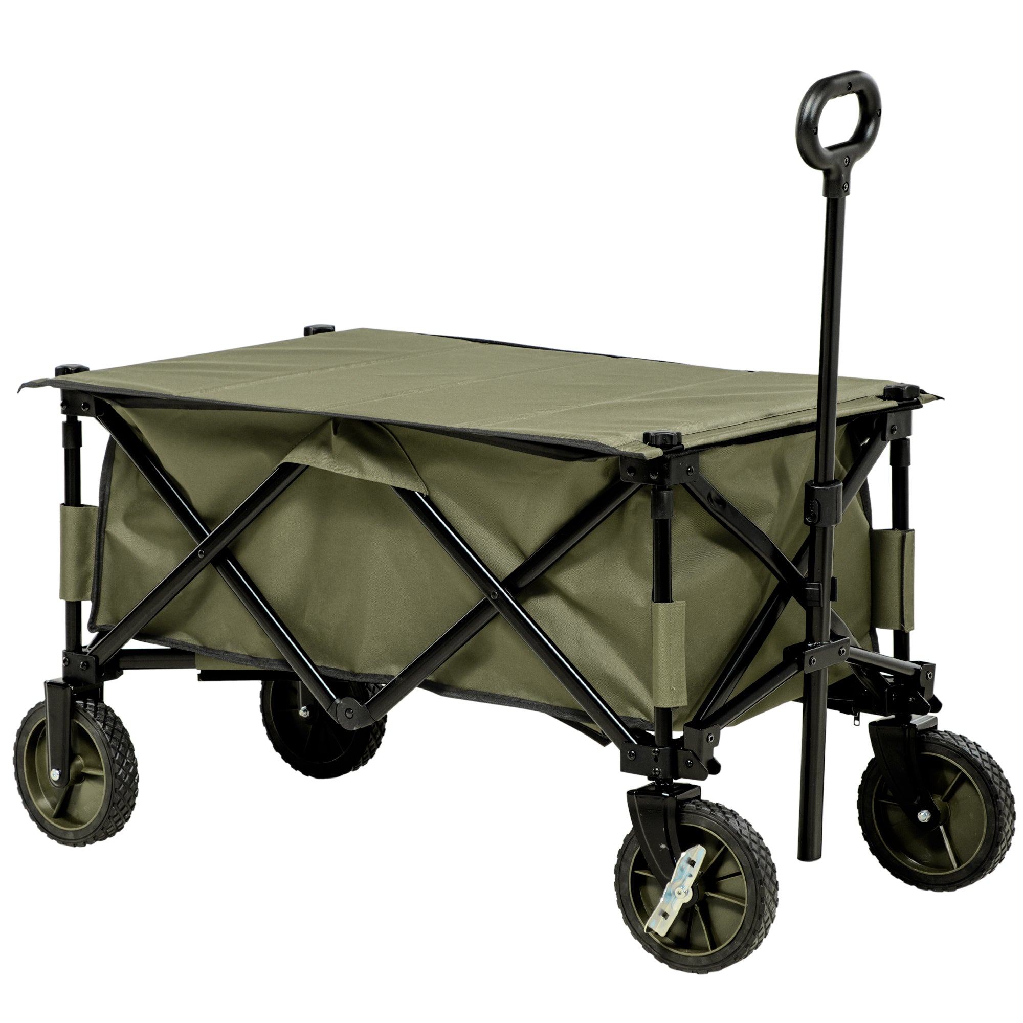 beach cart, foldable transport with 4 wheels, removable cover, height-adjustable handle, tilting tray, 5 storage bags, green