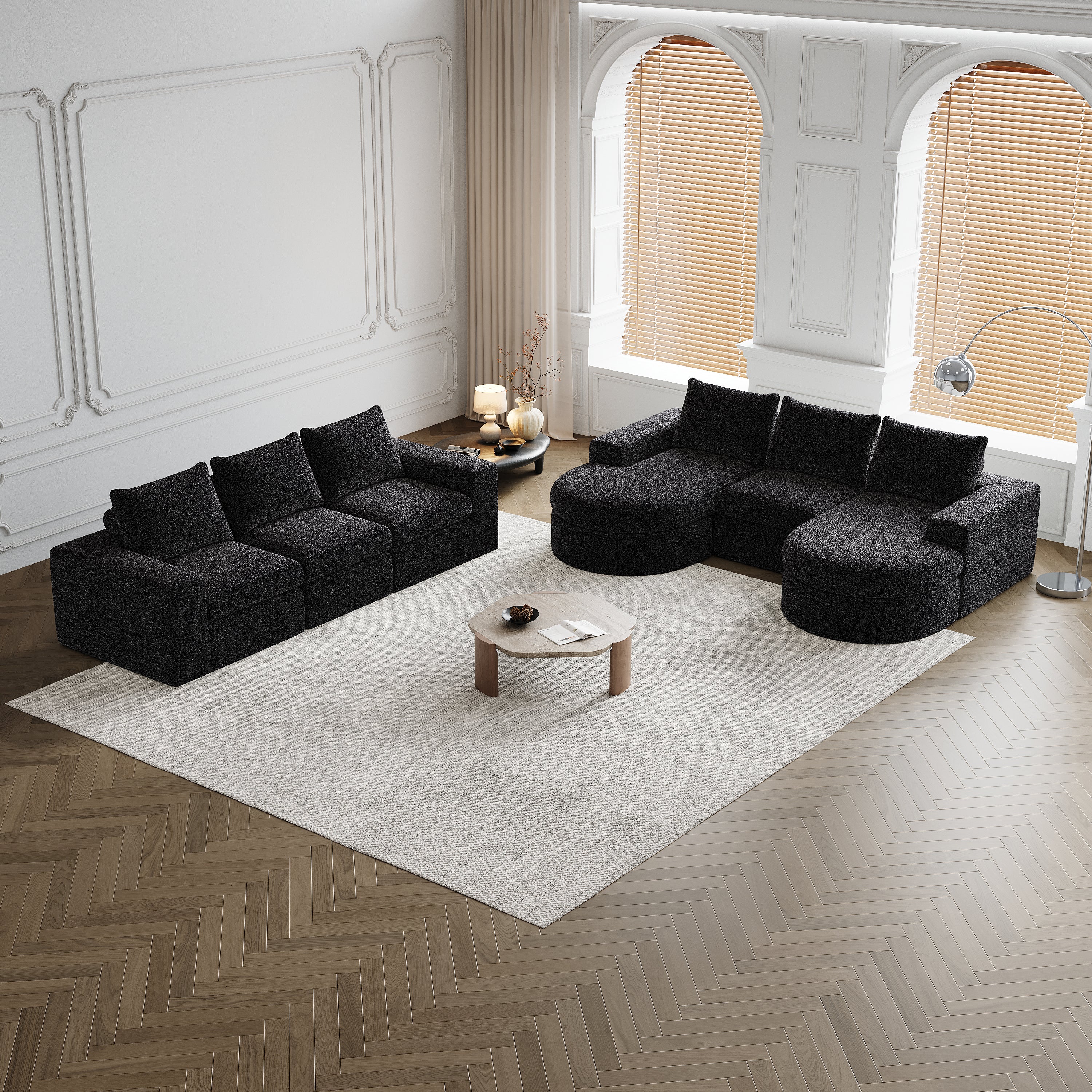 Chenille Sofa - Curved Elements, L-Lounger, Two-Piece Set