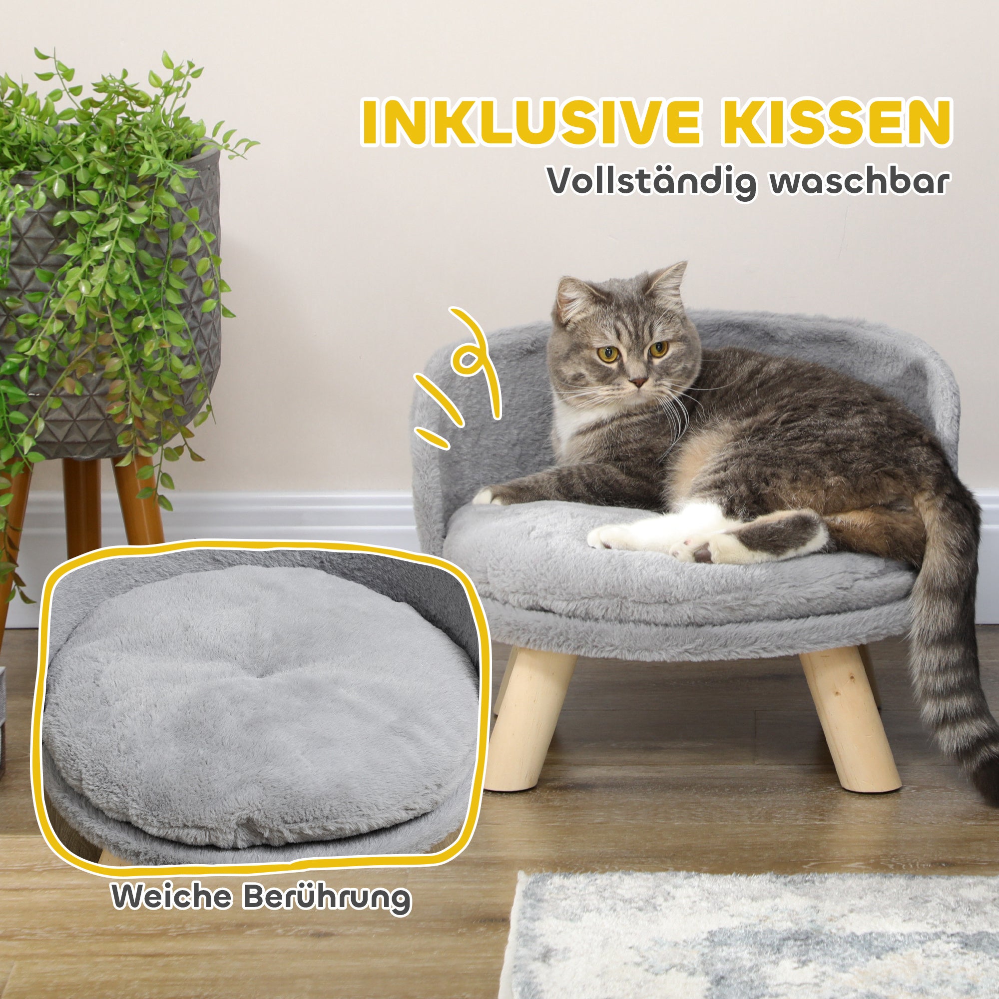 PawHut Dog Bed Cat Bed Sofa with Non-Slip Wooden Feet and Cushion, Grey