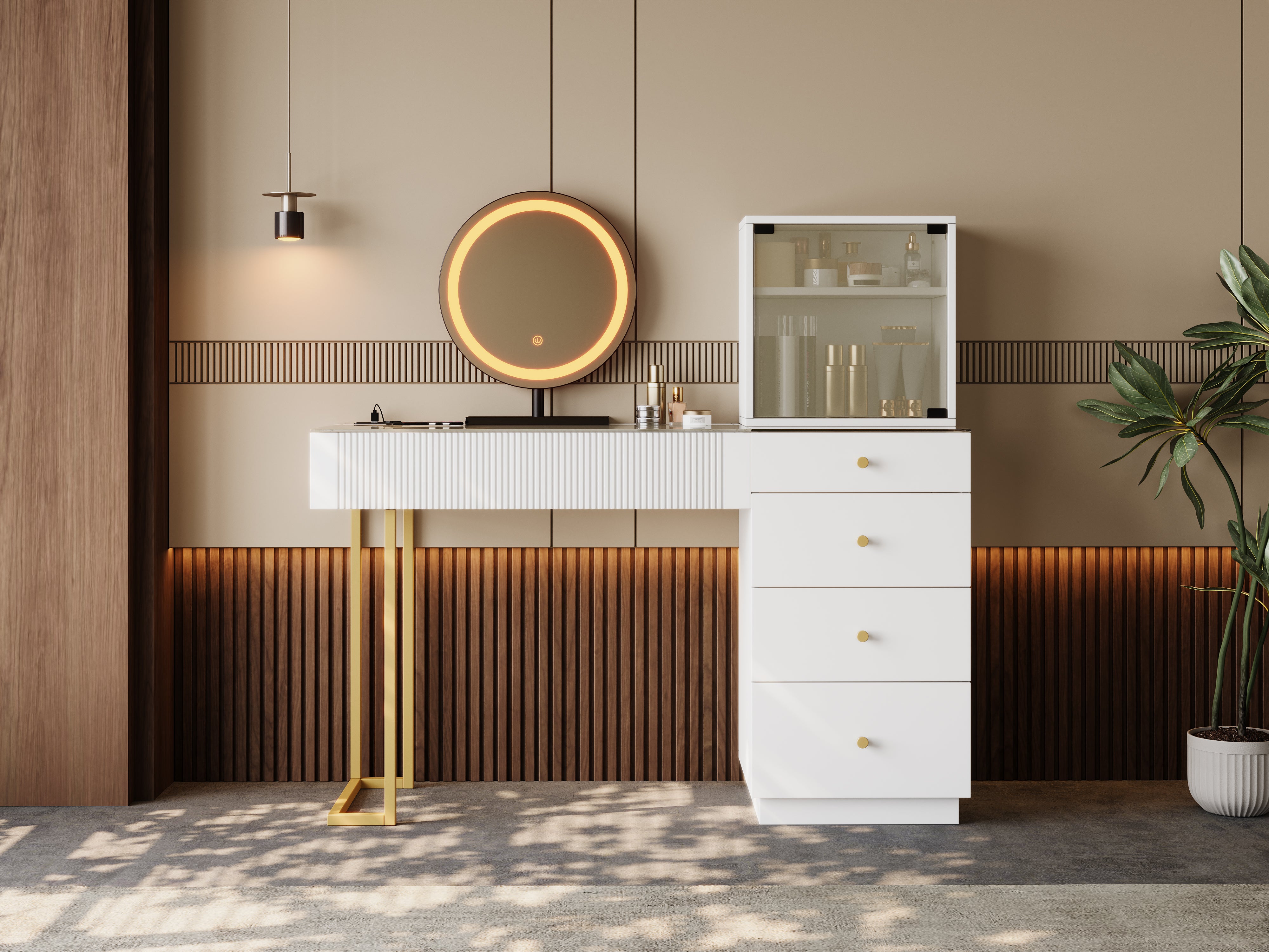 Dressing Table Set with LED Mirror and Glass Top, White