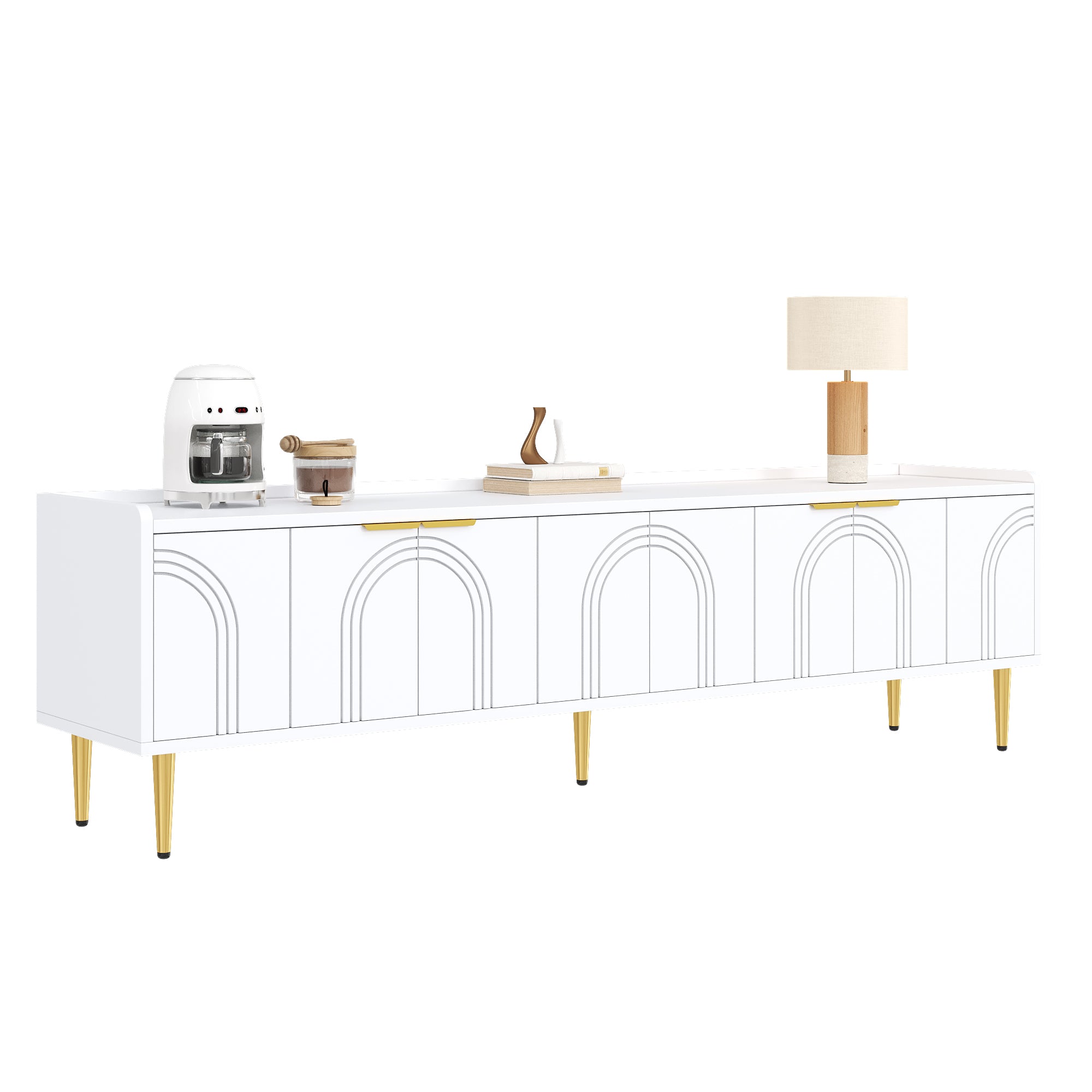TV Cabinet Lowboard, Textured Door, Gold Handles & Feet, 170cm, White/MDF