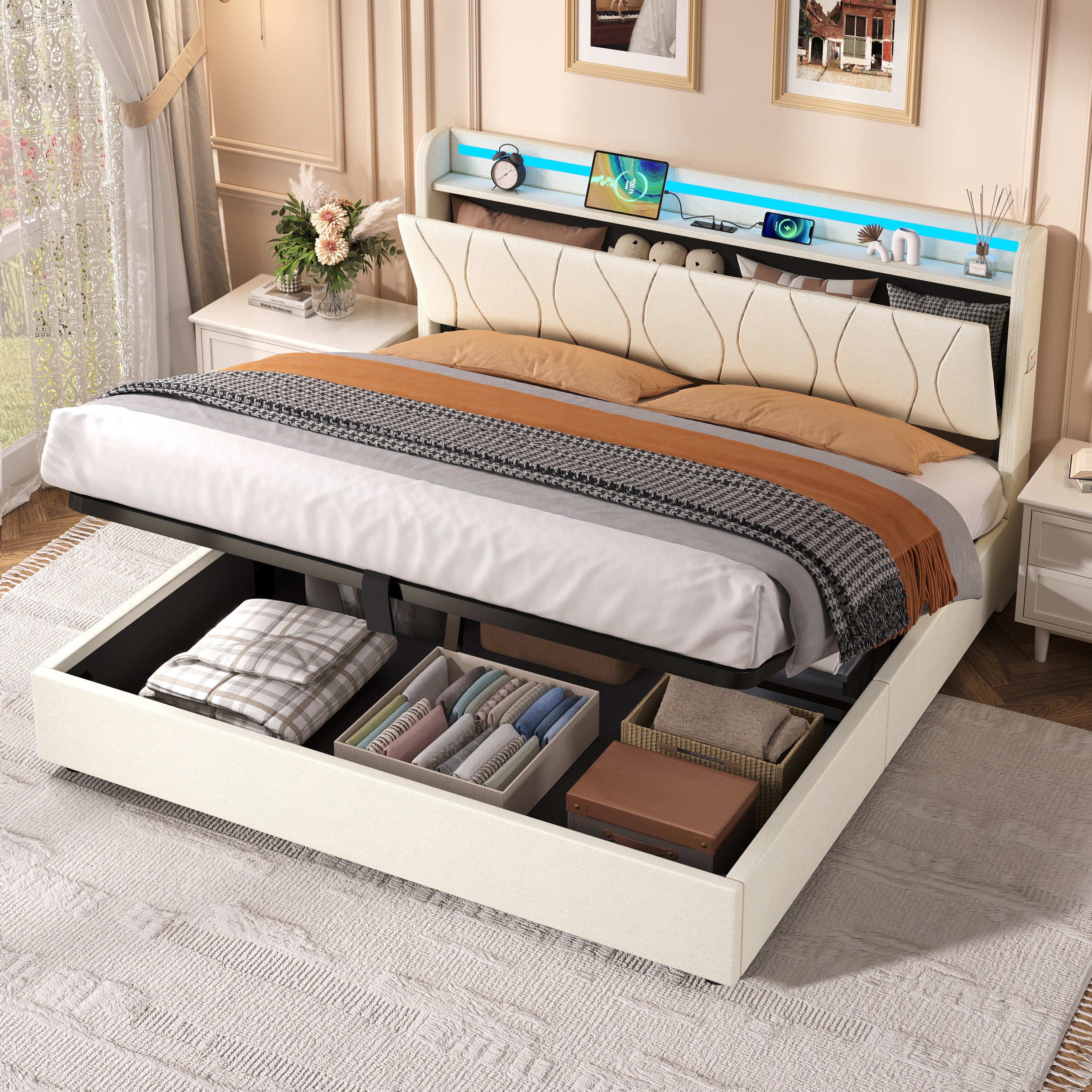 5ft King Upholstered Bed Frame, Hydraulic Storage LED Headboard with Charging Station, Beige Linen