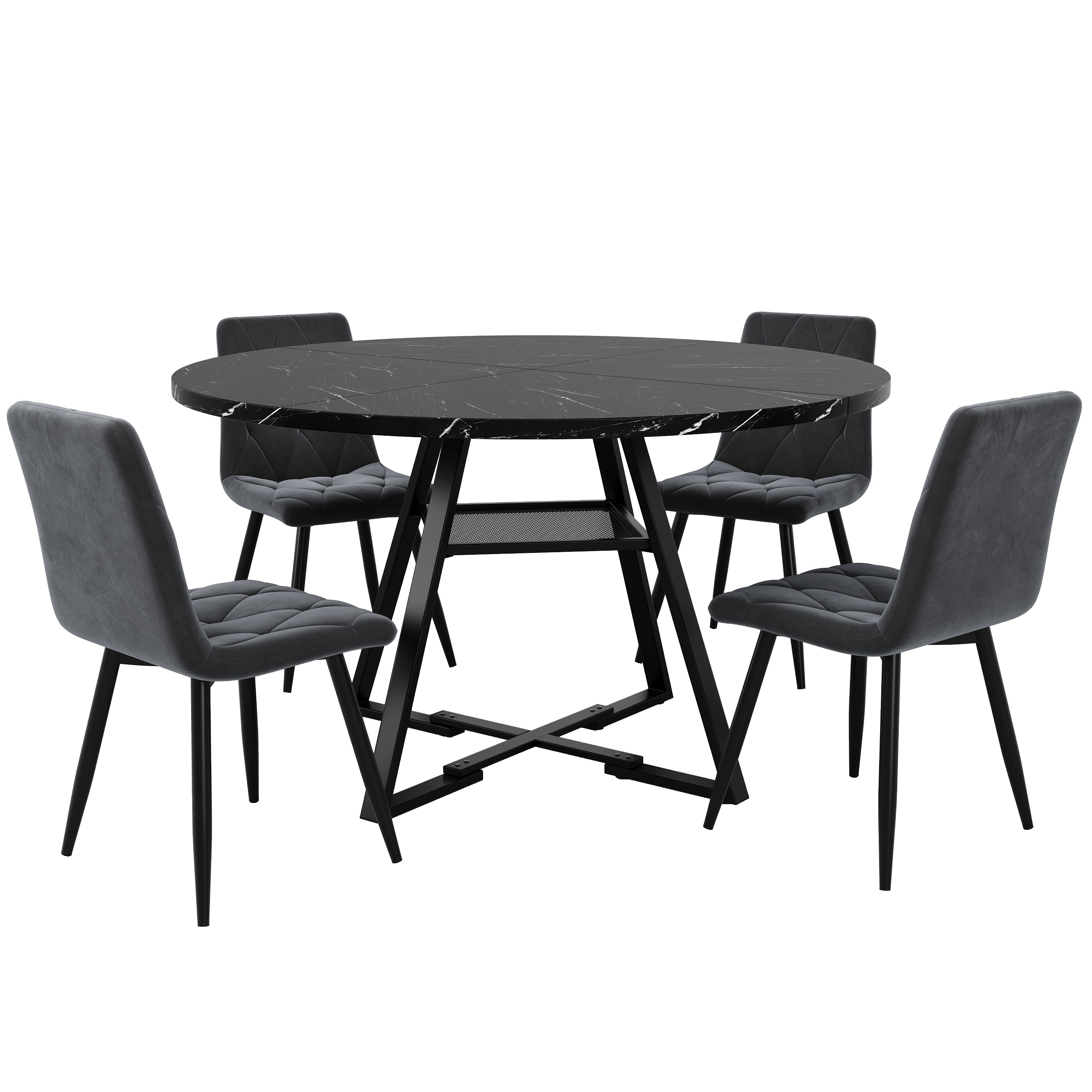 Round Dining Table Metal Legs Marble Look - Black/White