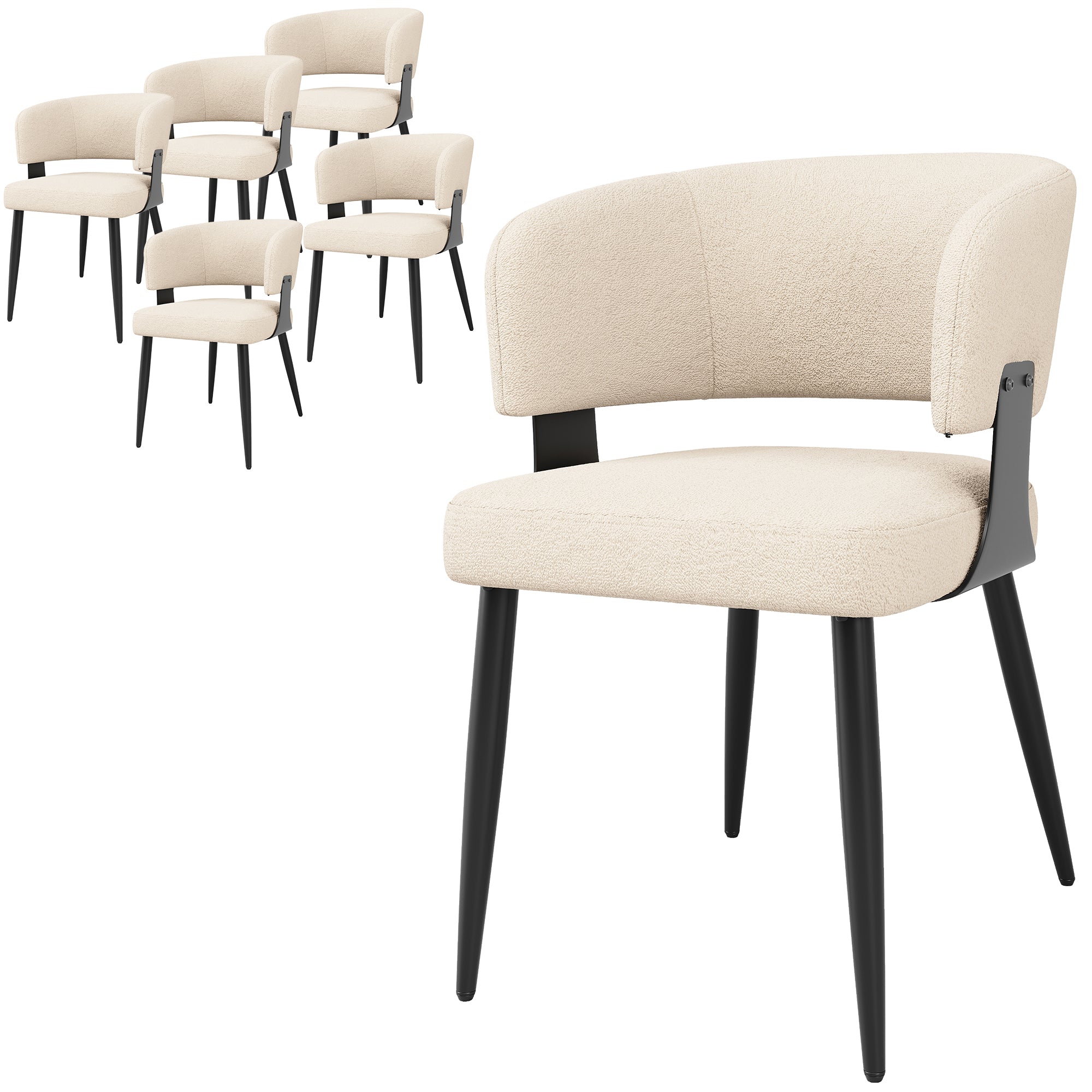Dining Chair Set of 6 with Curved Backrest and Ergonomic Design, Flannel, Beige and Grey