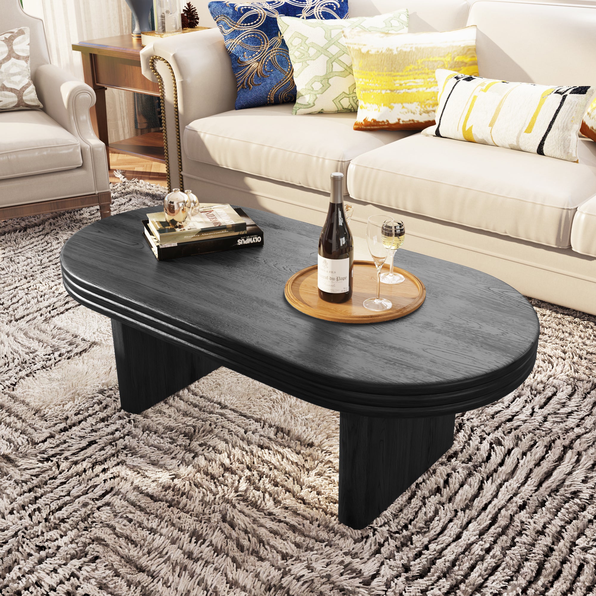 Mid Century Modern Oval Fluted Coffee Table Rustic Wood - Black