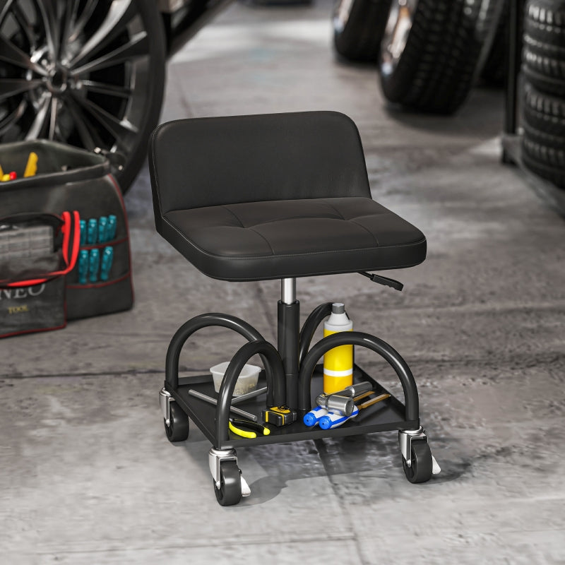 Workshop Stool with Wheels, Storage & Lumbar Support, 135 kg Load Capacity, Black