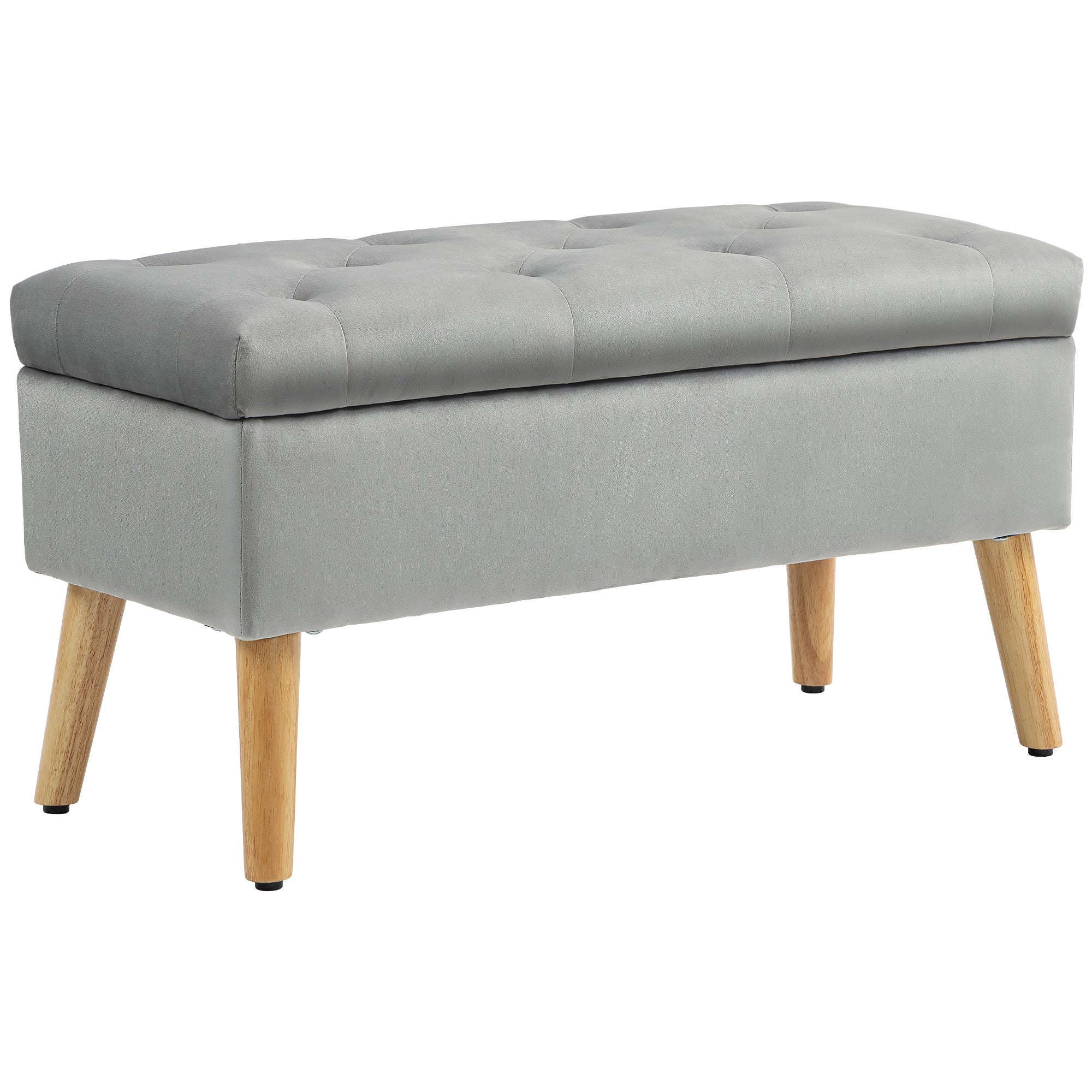 Storage Bench, Upholstered Velvet Look Bed Bench with Lid, Rubberwood Grey