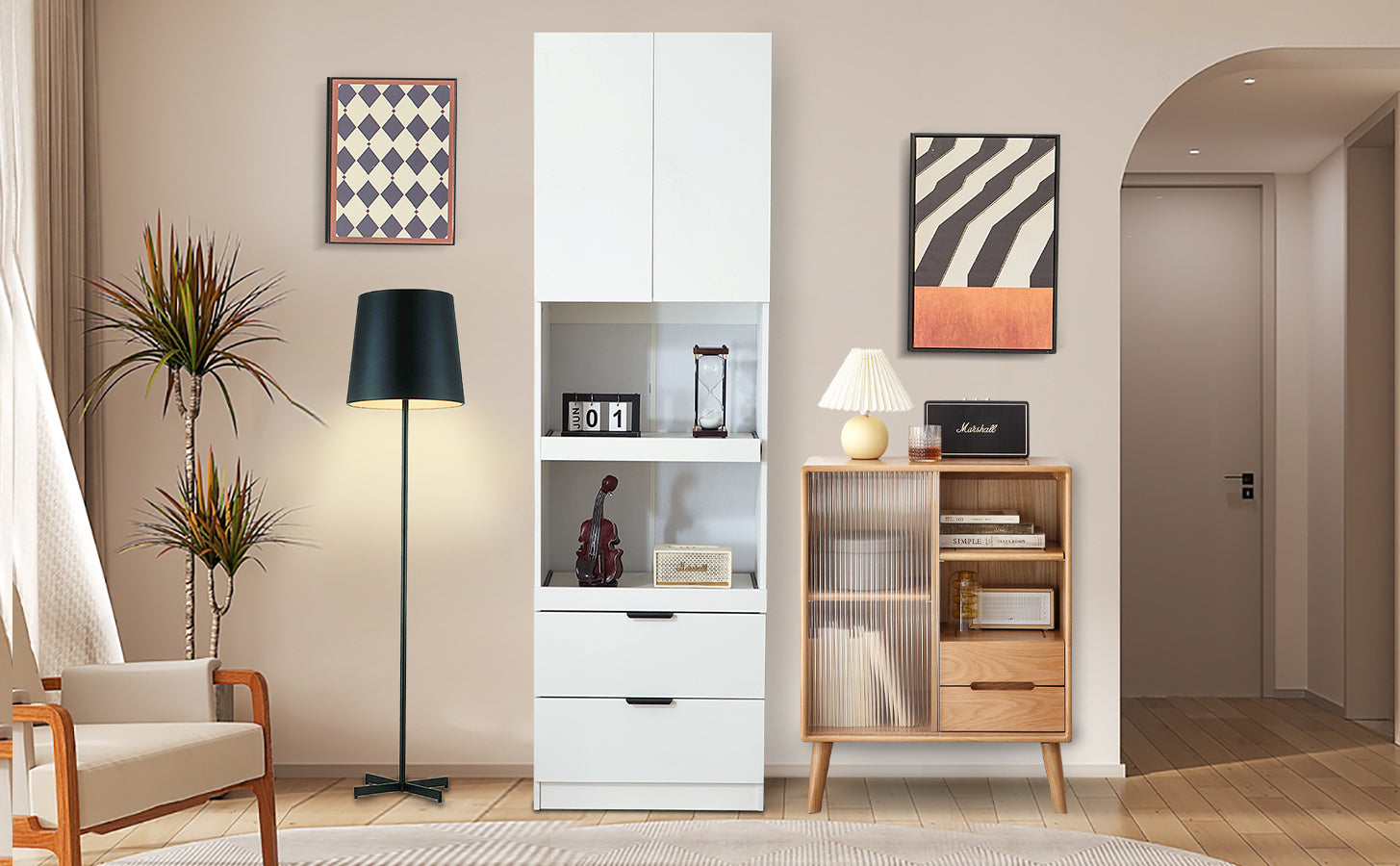 Tall Storage Cabinet 200cm High Doors Drawers Microwave Shelf - White