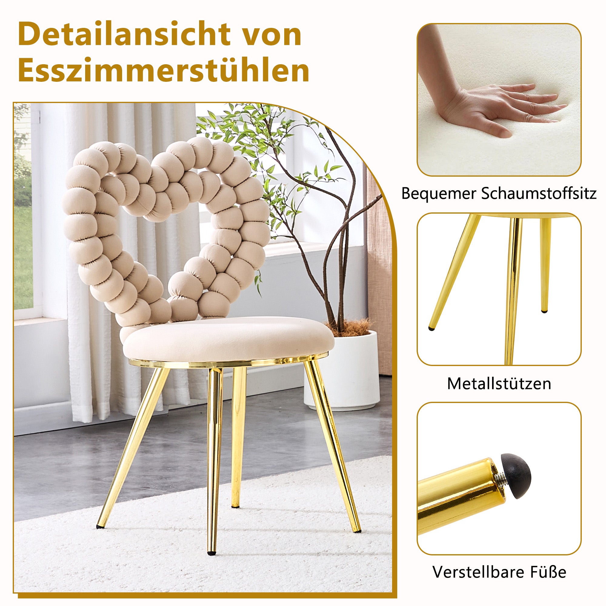 Dining Chairs (Set of 2), Heart-Shaped Cutout Backrest, Gold-Plated Legs, Light Beige Velvet