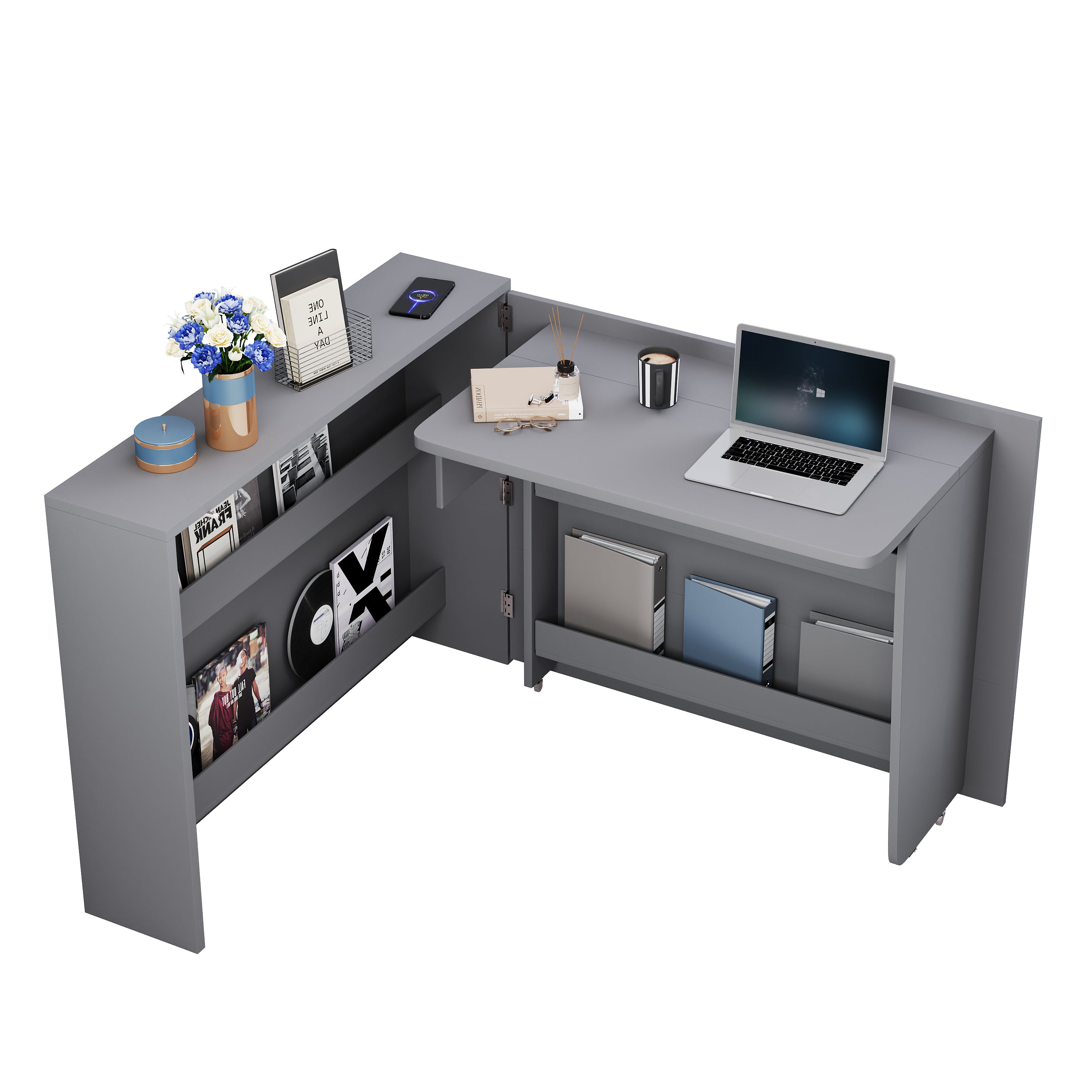 Foldable Desk, 2-in-1 Sideboard & Workstation with Wireless Charger, Wheels & Anti-Tip