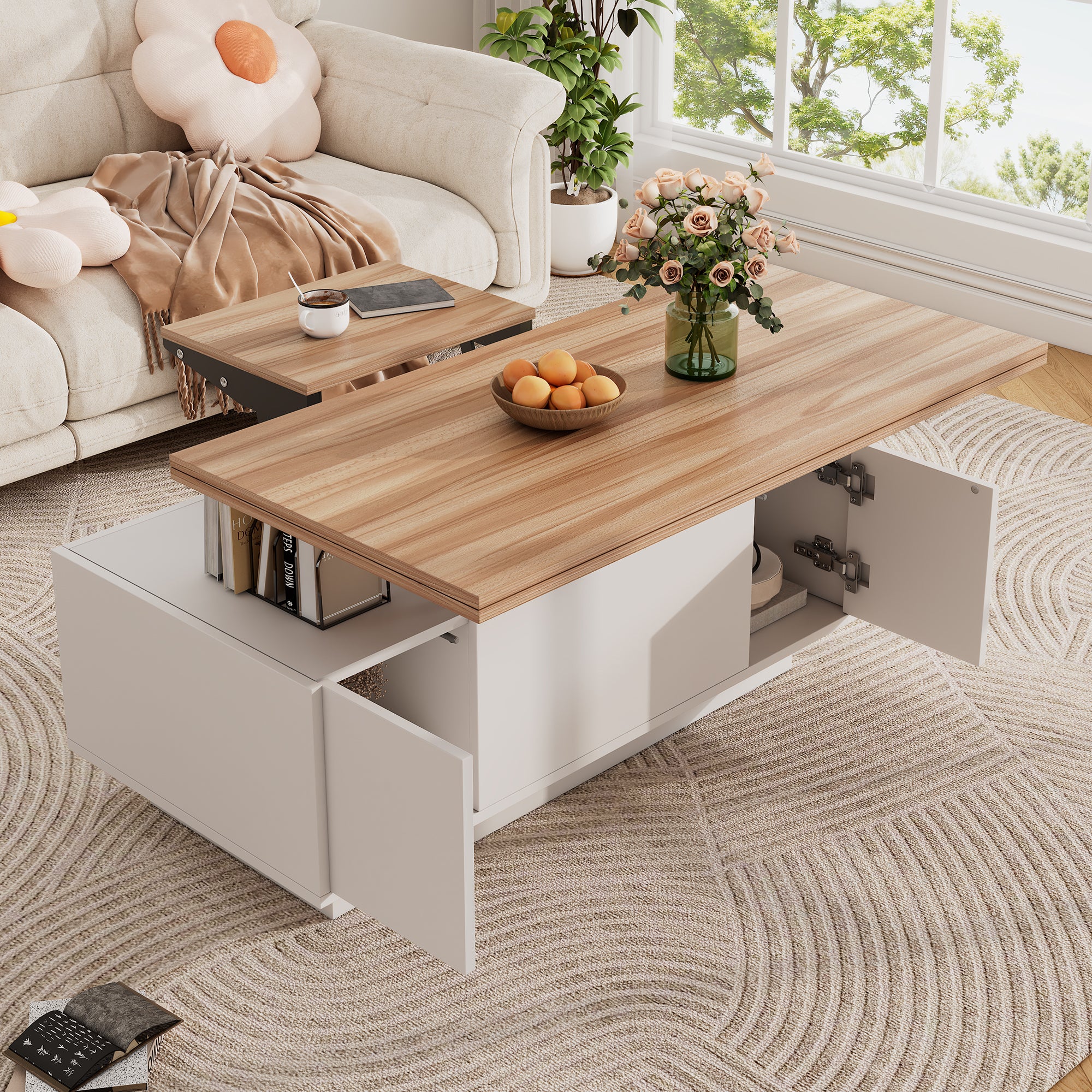 Lift Up Coffee Table Hidden Storage, 2 Lifting Platforms, White + Wood Particleboard
