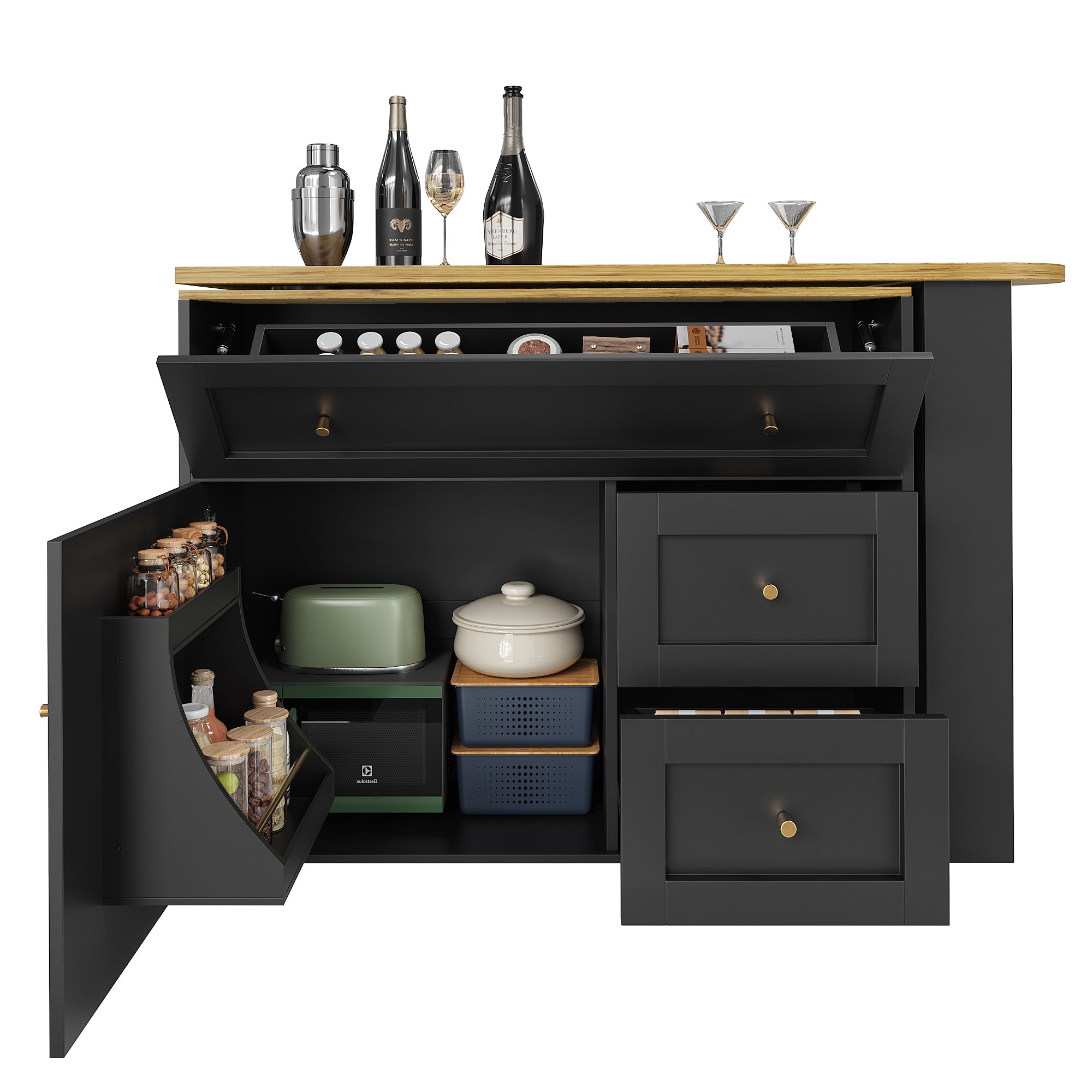 Extendable Bar Table with Storage and Snack Shelf, Black