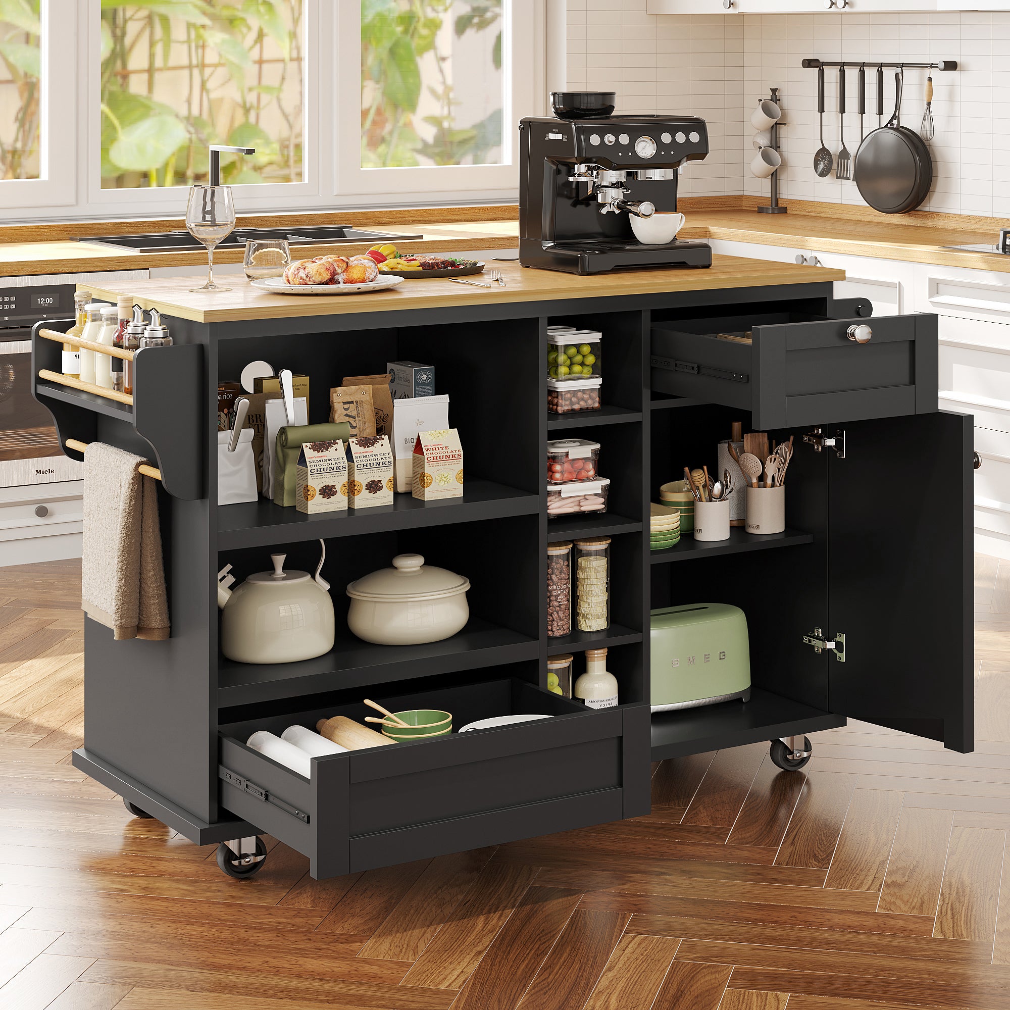Dining Trolley Mobile Storage Drawers - Black/Light Brown Wood Top