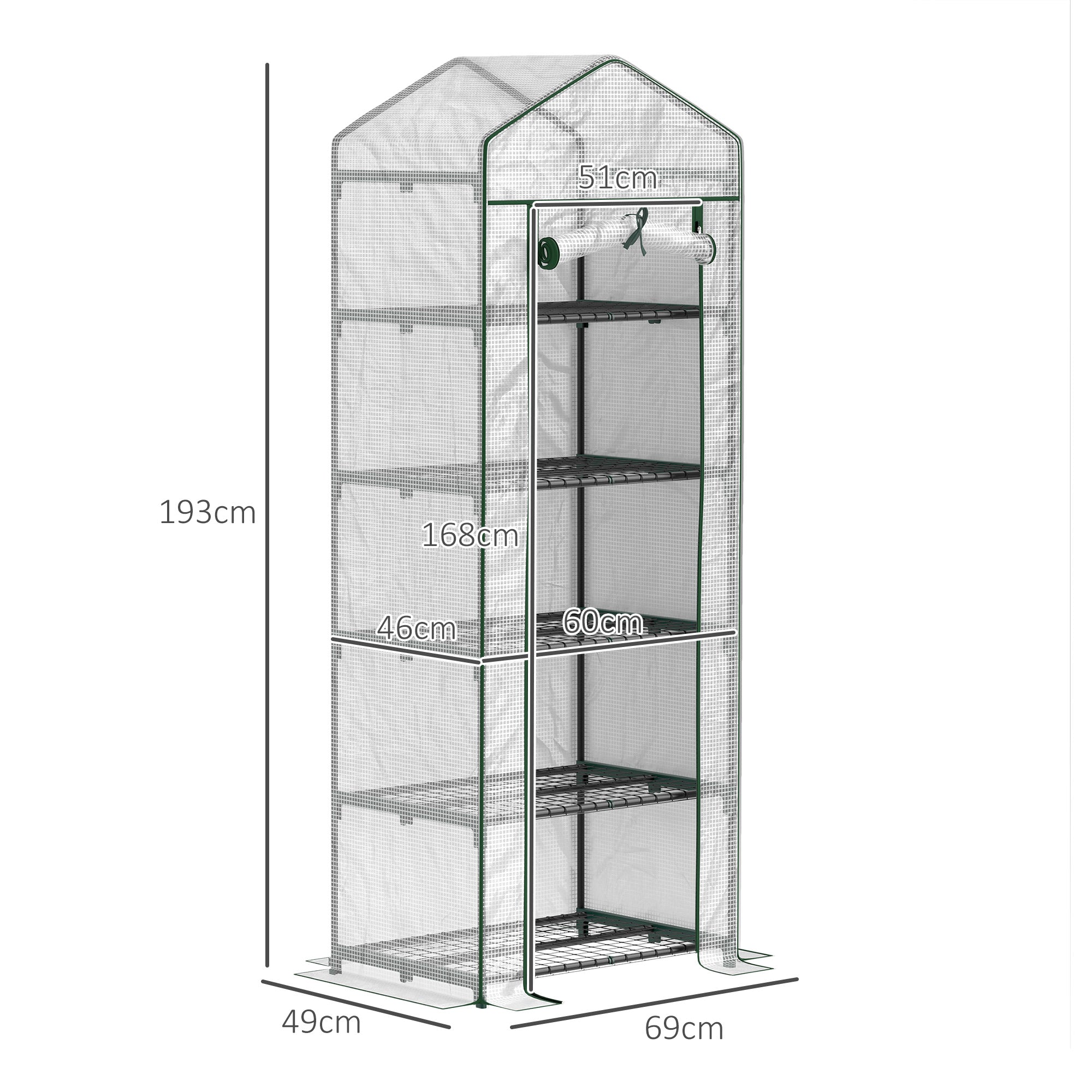 Greenhouse with Roll-Up Door and Shelves, Winter-Proof Steel Film, White