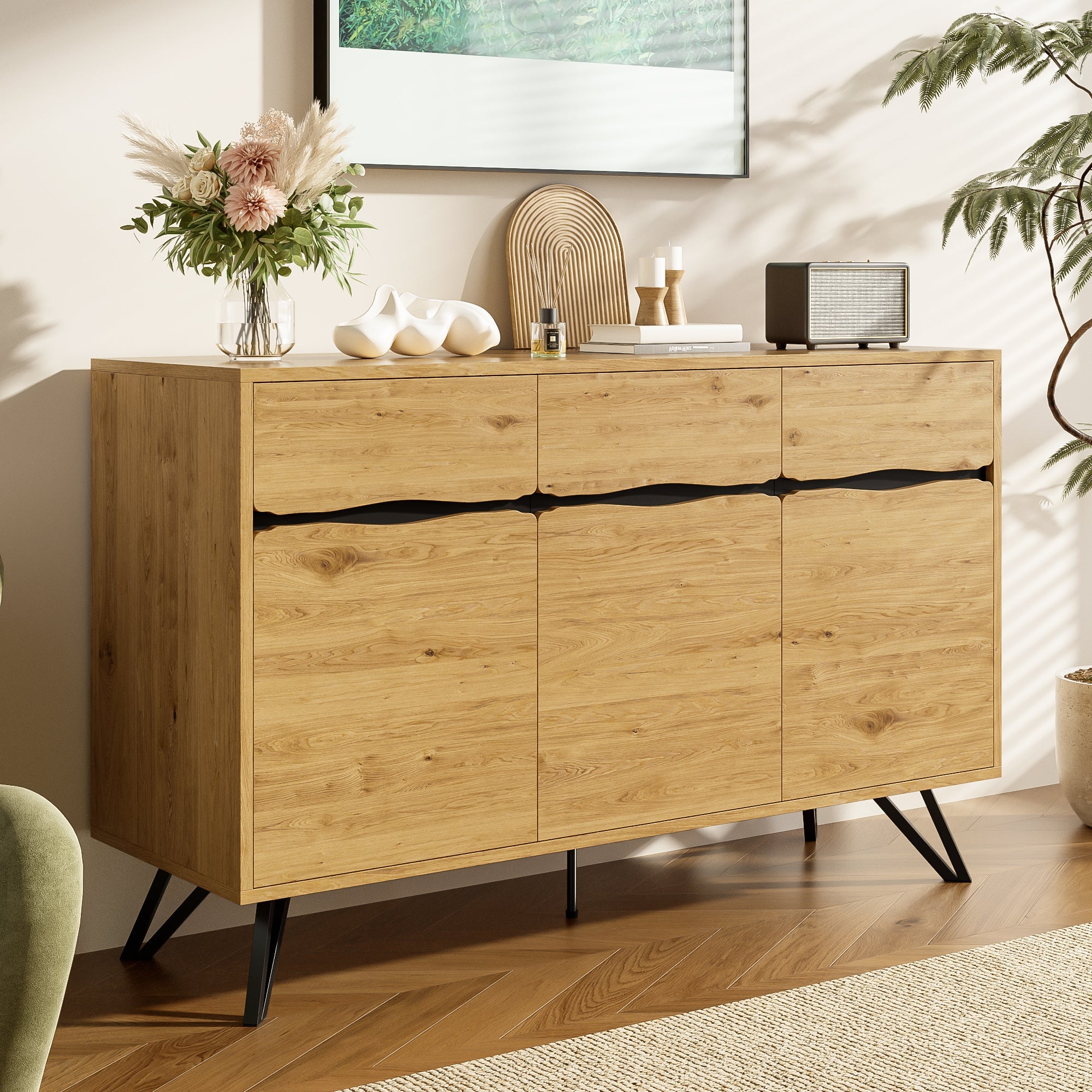 3-Door Sideboard - Modern Design, Storage, Stable, Easy to Clean, Wood Look