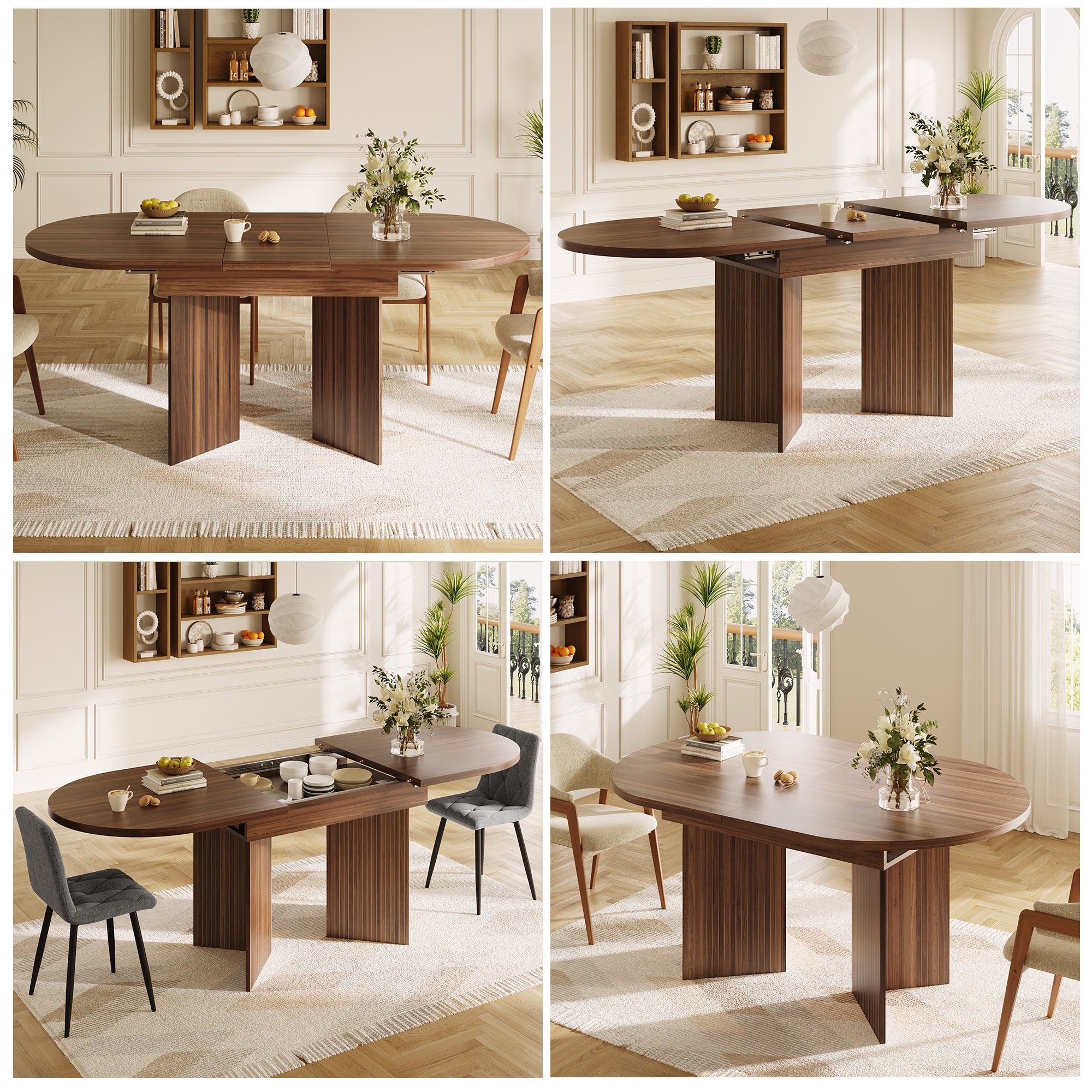 Extendable Dining Table with Internal Extension Leaves, 120-160 cm, Walnut Wood Finish