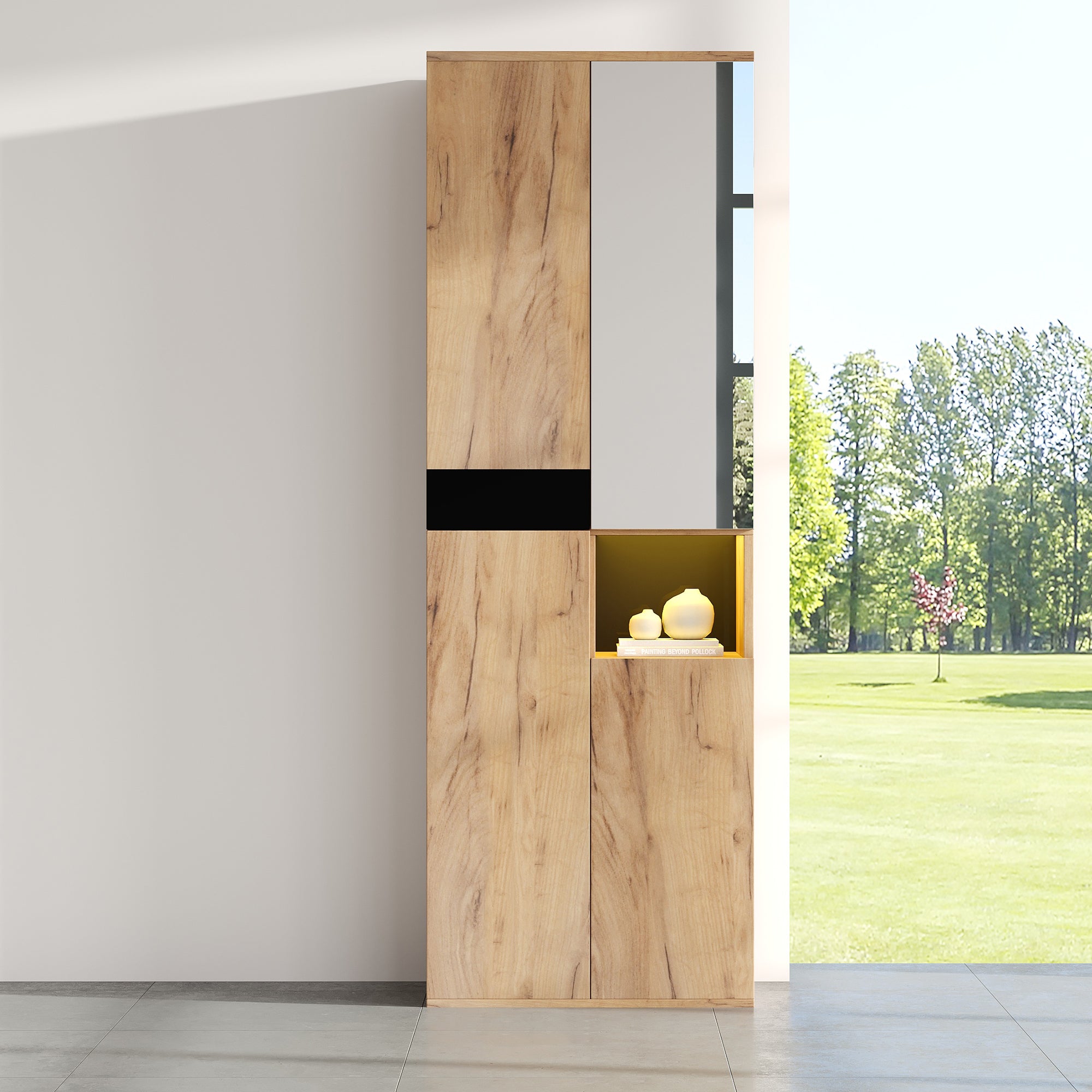 Tall Wardrobe Mirror Four Doors Open Storage Black/Natural Wood Finish