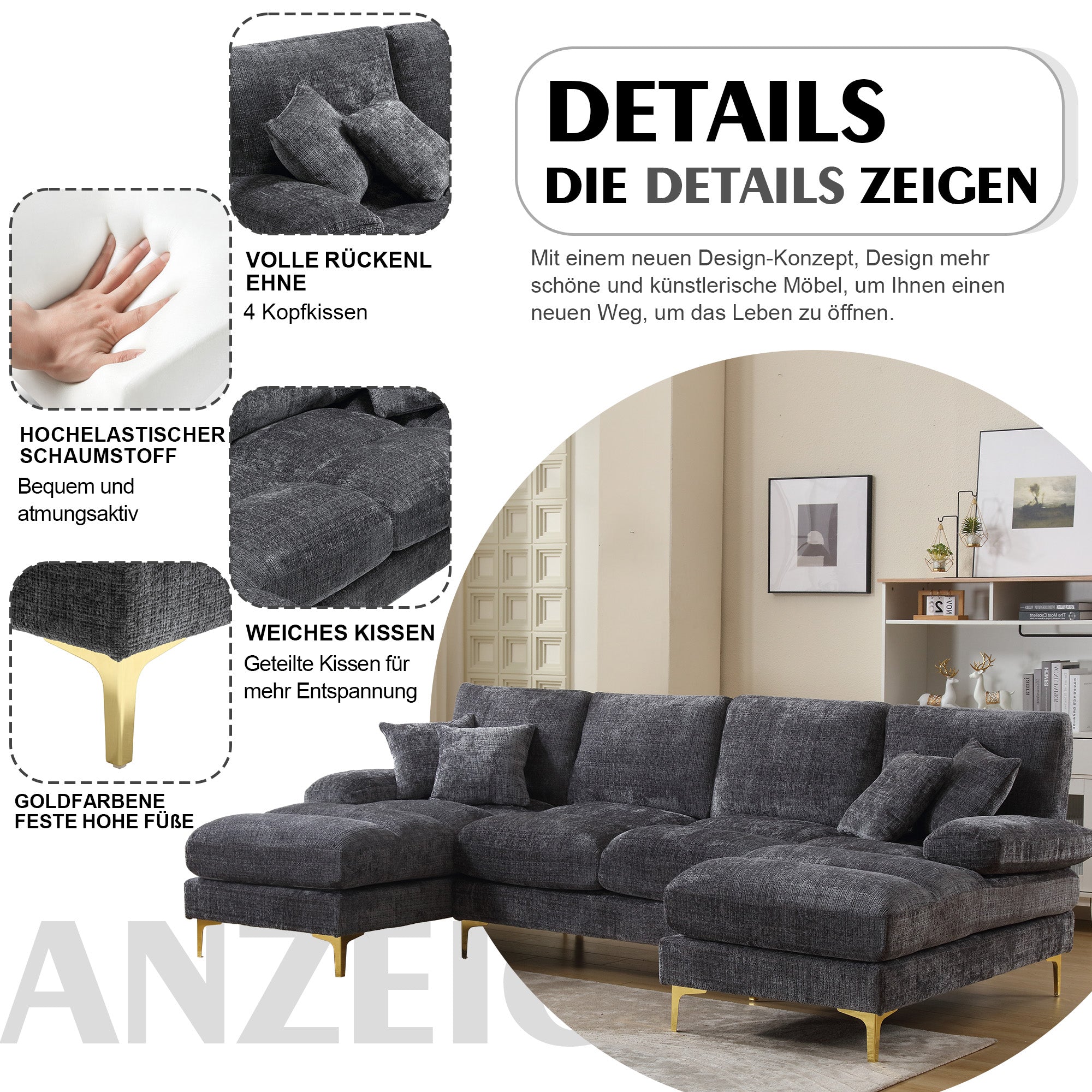 Chenille U-Shape Sectional Sofa, Large with Double Reclining Seats, Modern
