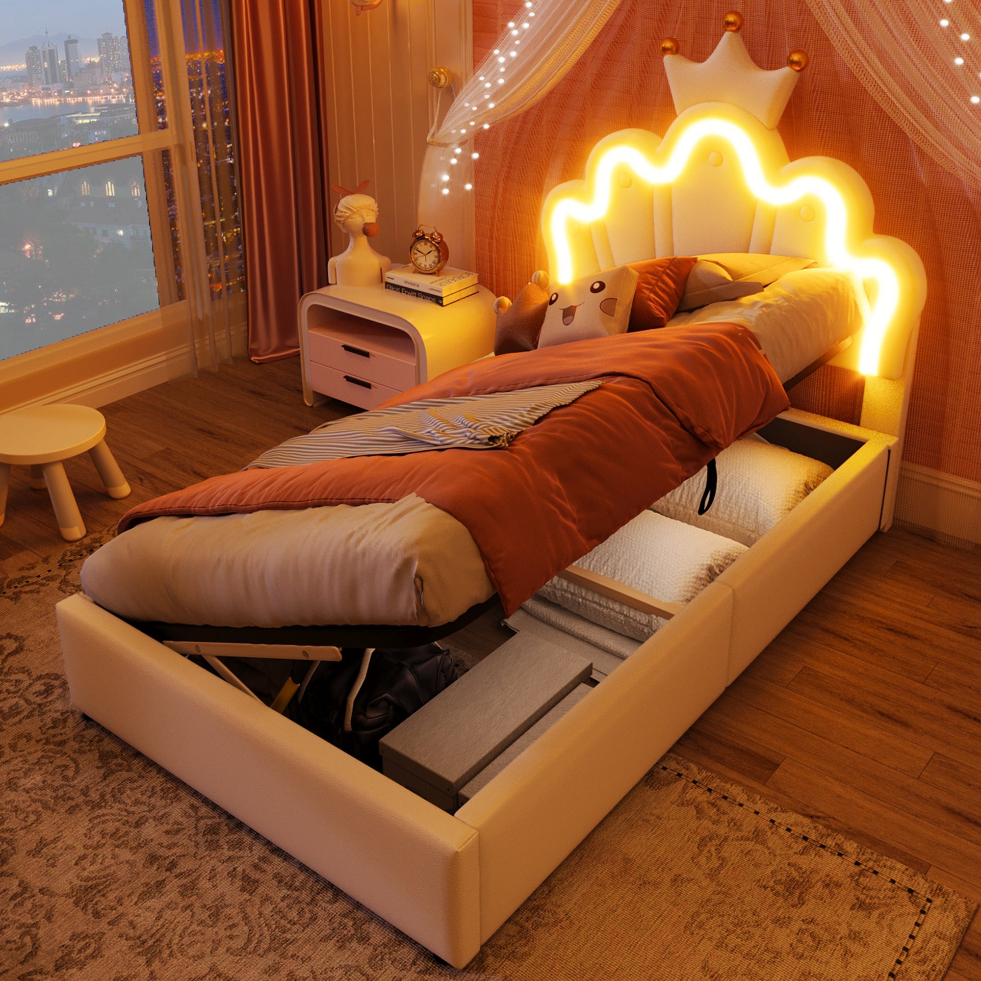 Upholstered Bed, 90 x 200 cm, LED light strip, Hydraulic lifting mechanism, Crown shape, Adjustable headboard, White PU