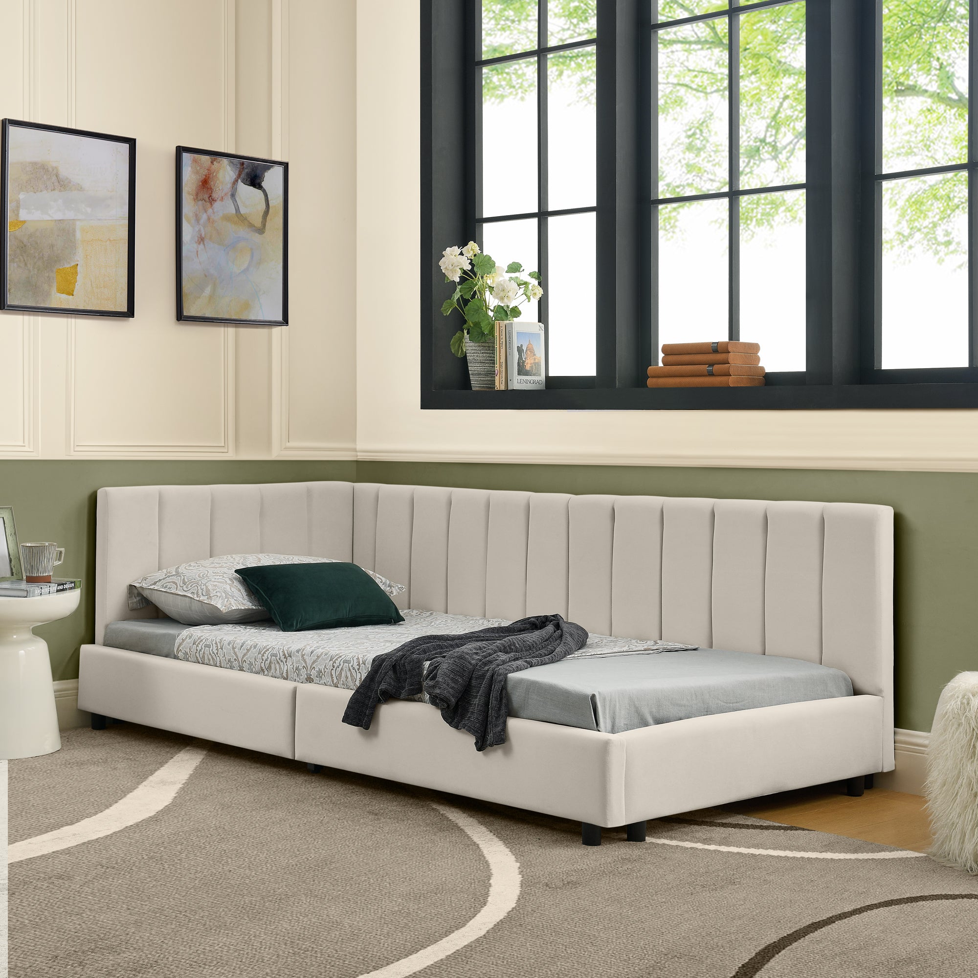 Single Bed 90x200cm High Backrest, Velvet Beige