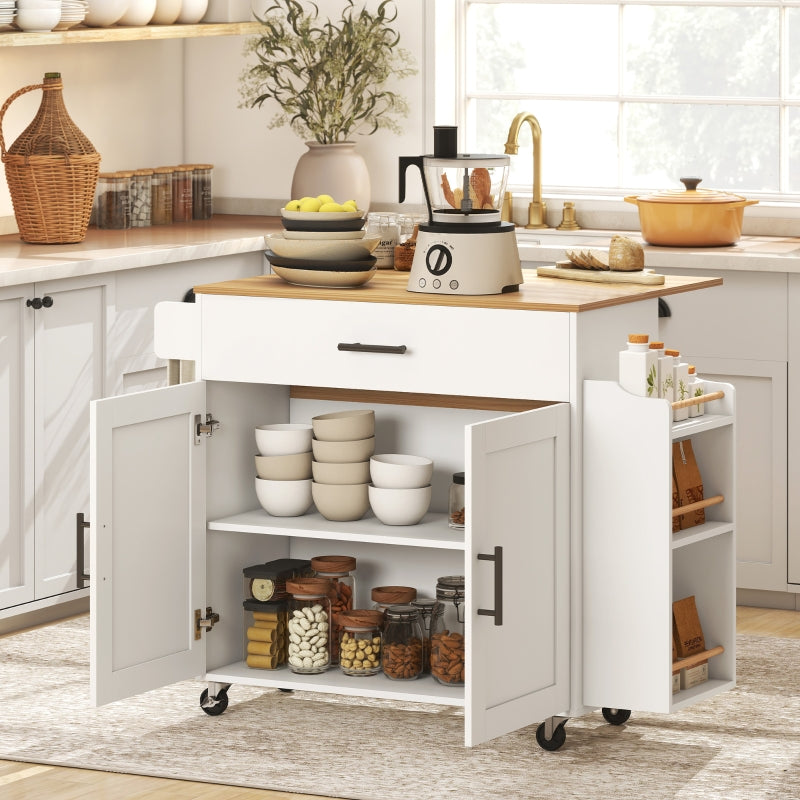 Kitchen Island Mobile Folding Worktop Drawer Shelf - White