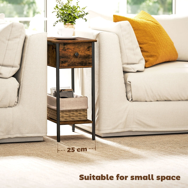 Narrow Side Table, Drawer and Storage Shelf, Rustic Brown