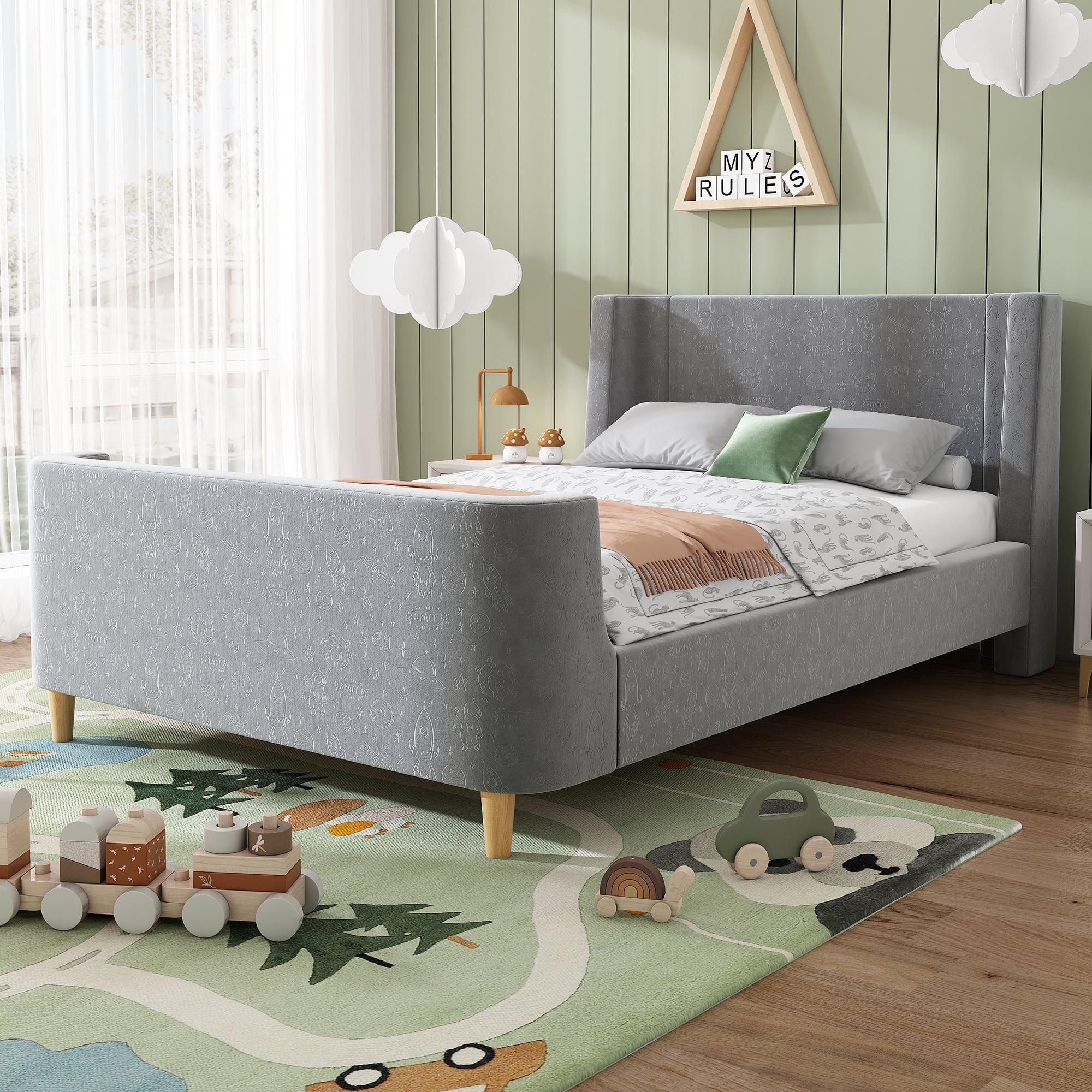 Children's Bed Upholstered Sleigh with Cosmic Pattern, 90x200cm, Grey Velvet