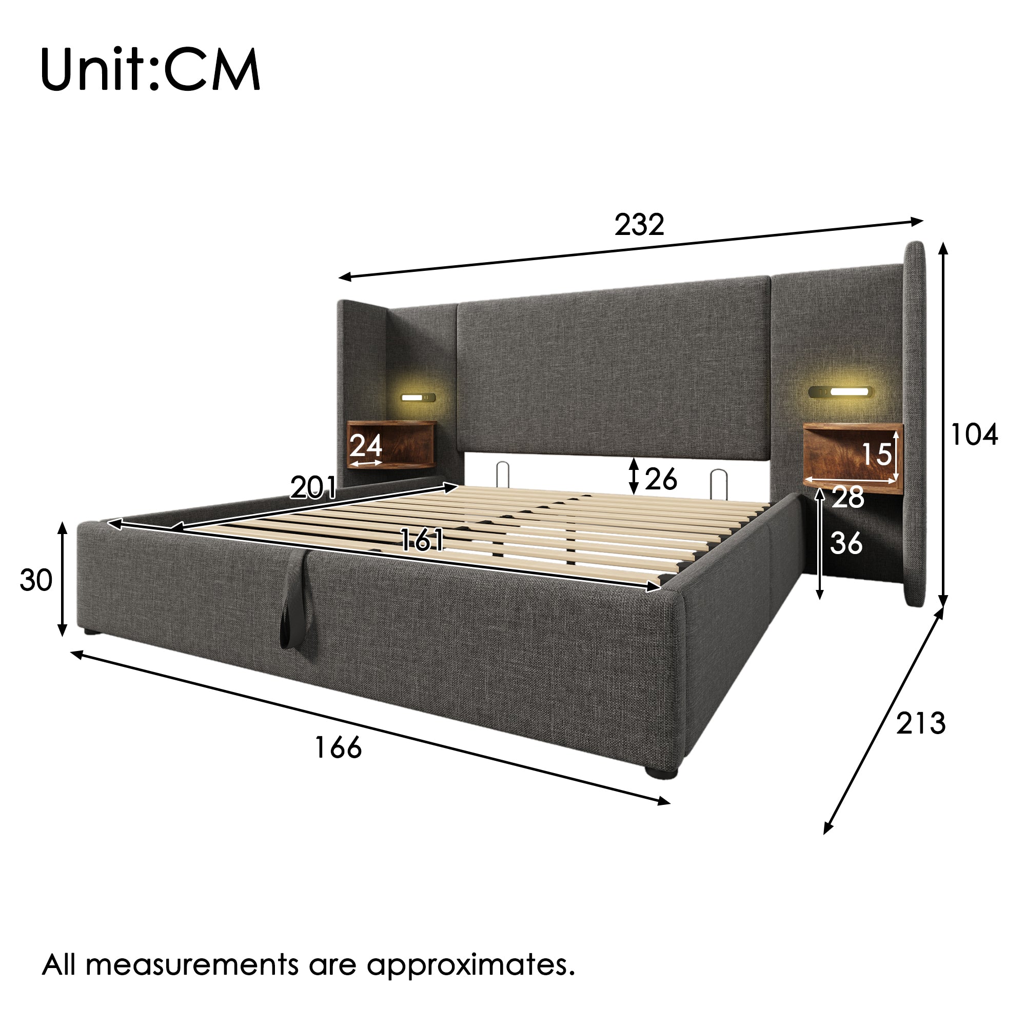 Upholstered Double Bed 160x200, with Bedside Table, Lamp, USB Type-C, Gray Linen