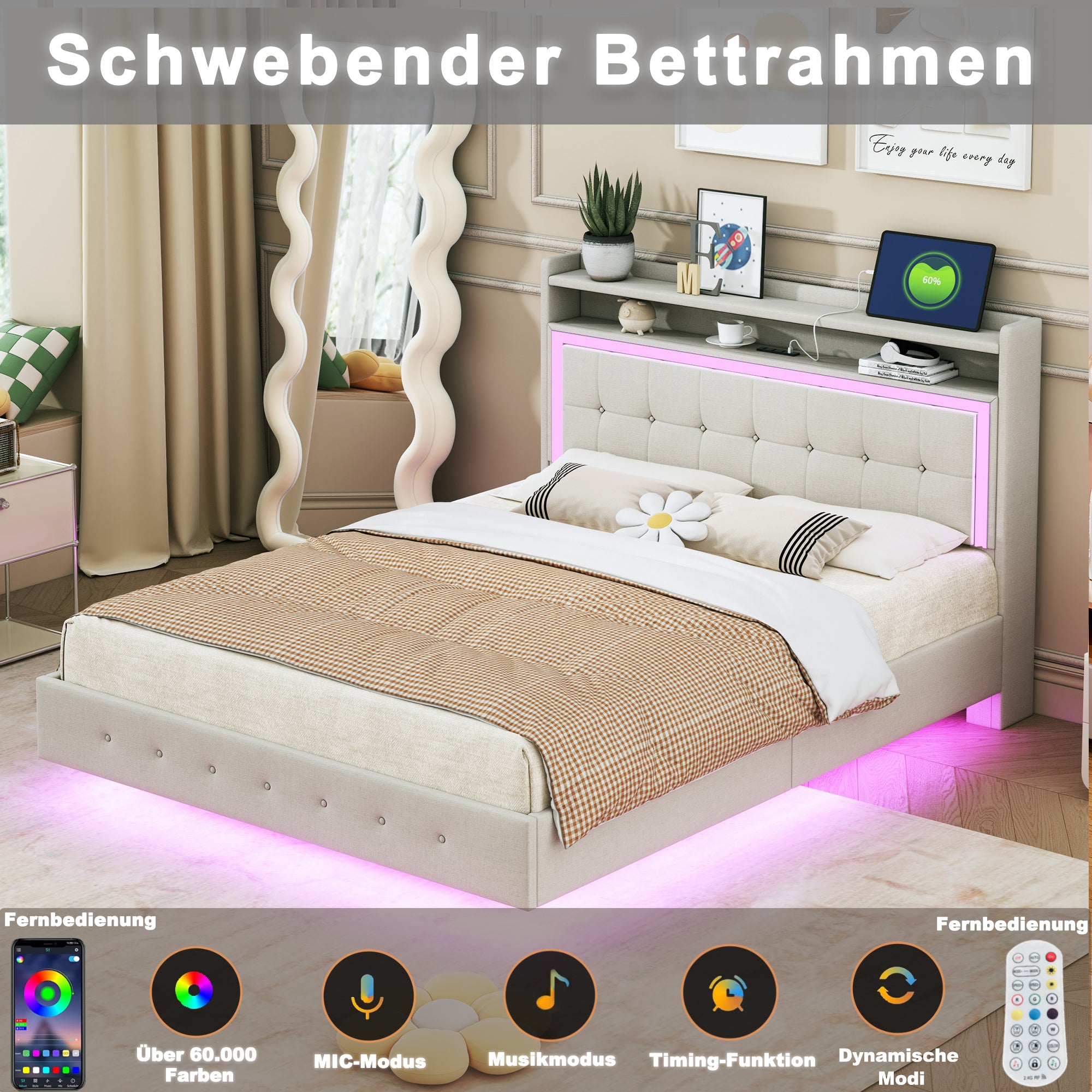 Upholstered Bed 140*200 with USB & LED Light, Linen Beige
