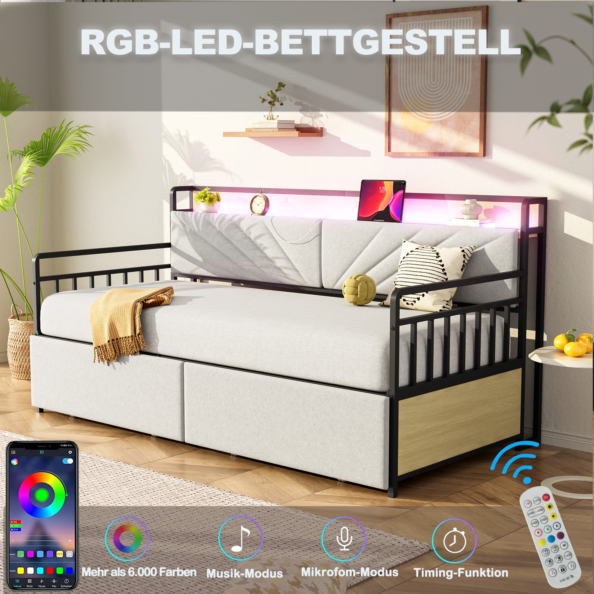 Sofa Bed, 90x200 cm LED, Shelves & Drawers, Beige Iron