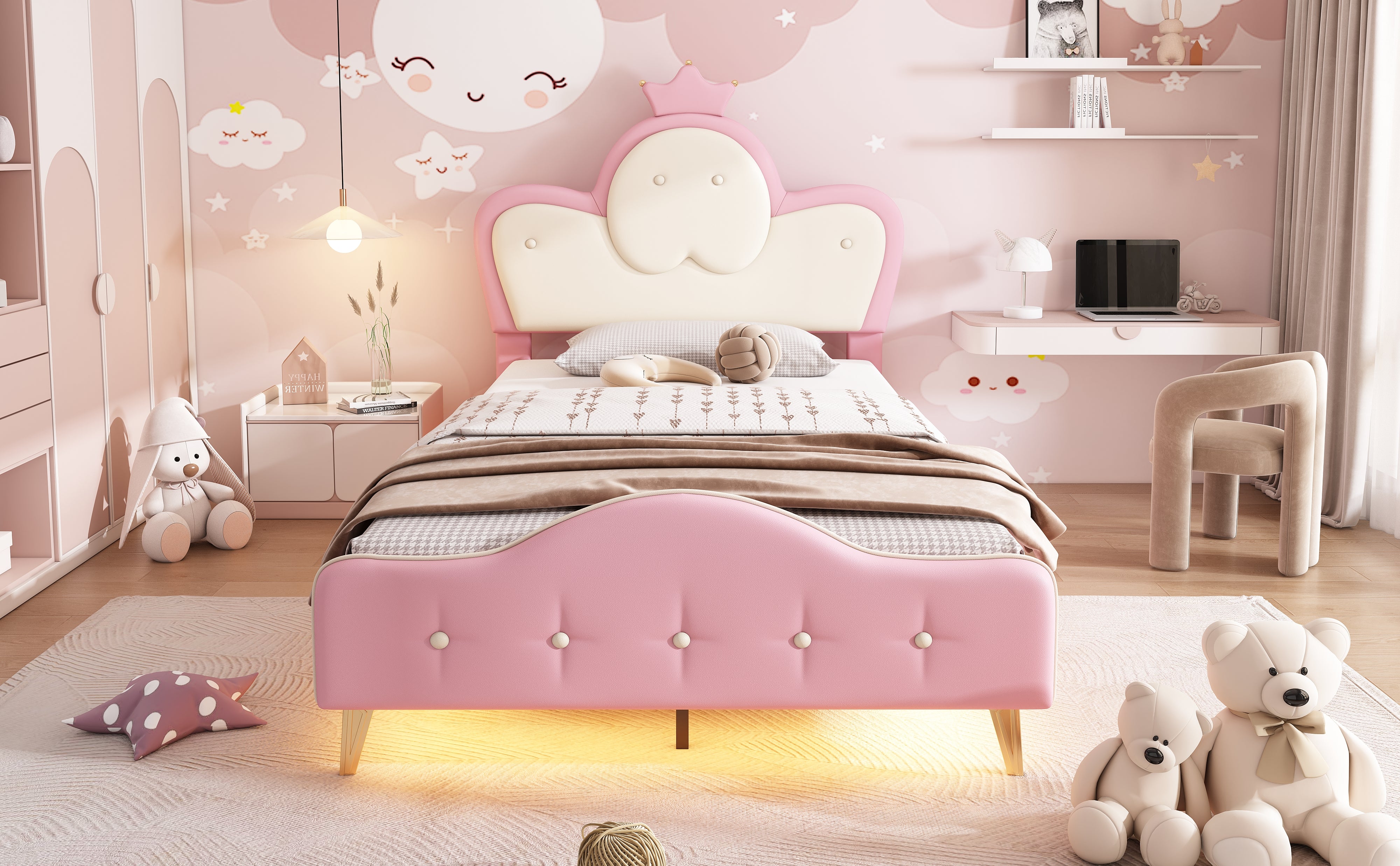 Upholstered Children's Bed with Crown Headboard, LED Strip, PU, Pink + White