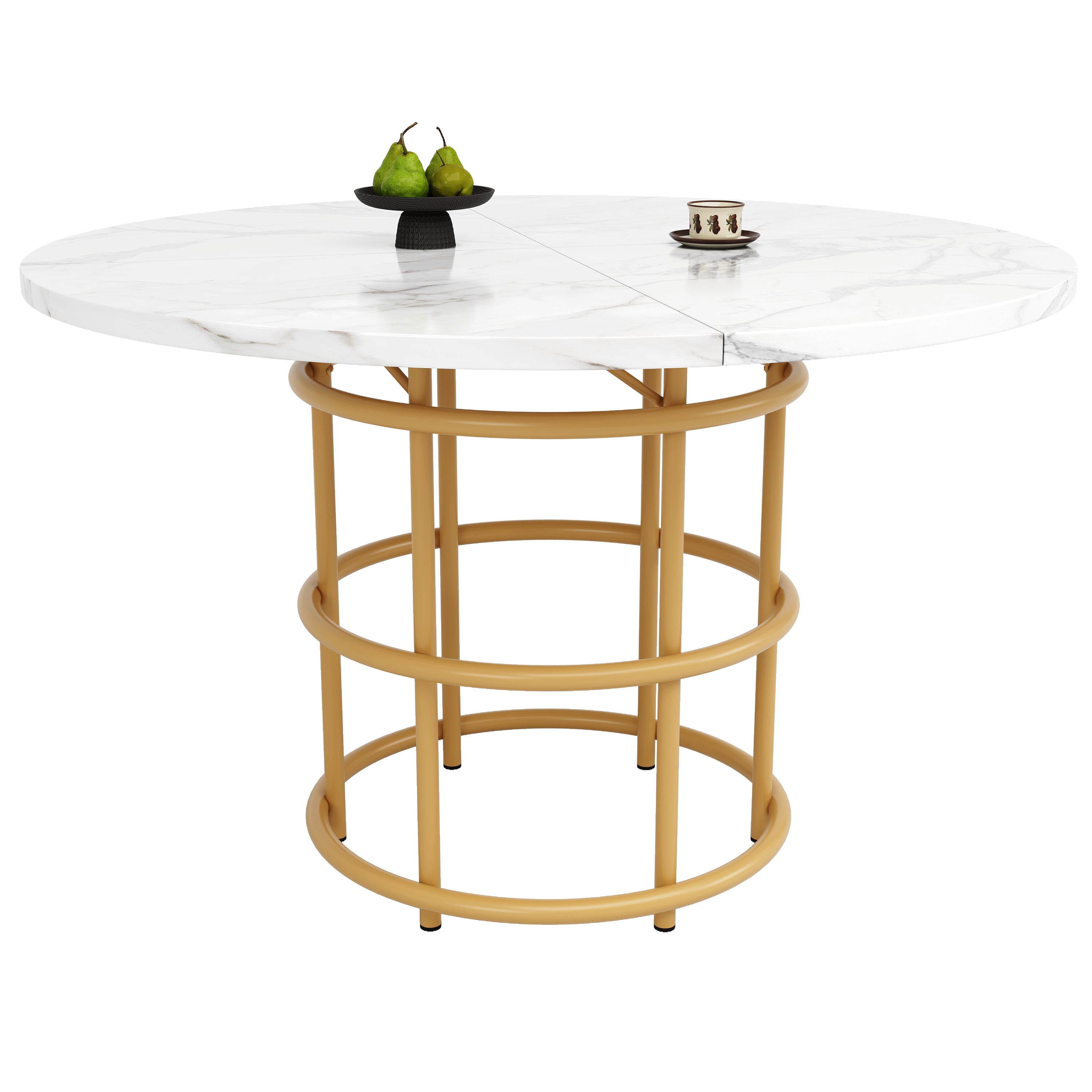 Round Dining Table 100cm 4-6 Seat Metal Ring Legs - Marbled MDF / Gold