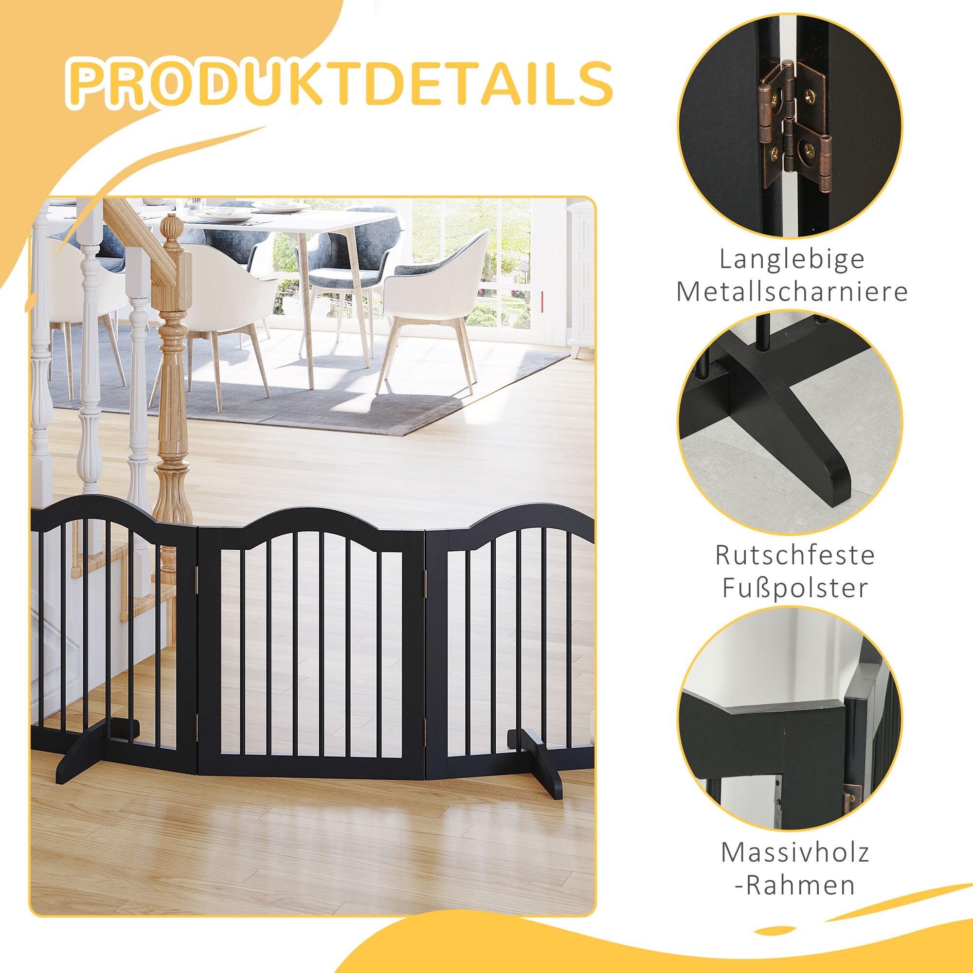 Dog Barrier, 3-Piece Foldable Gate with Support Feet, Black