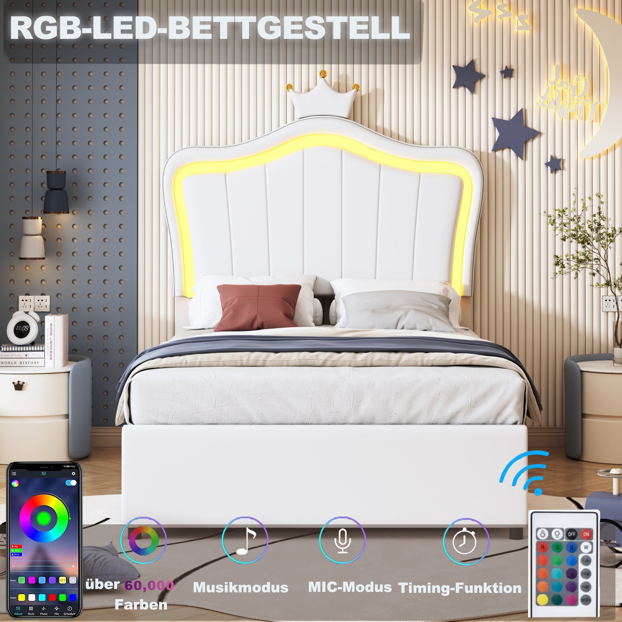 Upholstered Children's Bed 90x200 cm, Crown Design, LED Lighting, Hydraulic Storage, White Artificial Leather