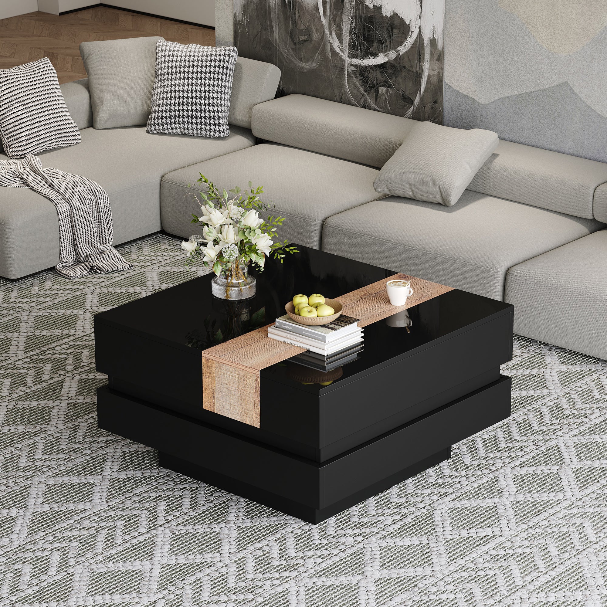 Extendable Coffee Table Hidden Storage High-Gloss - Black