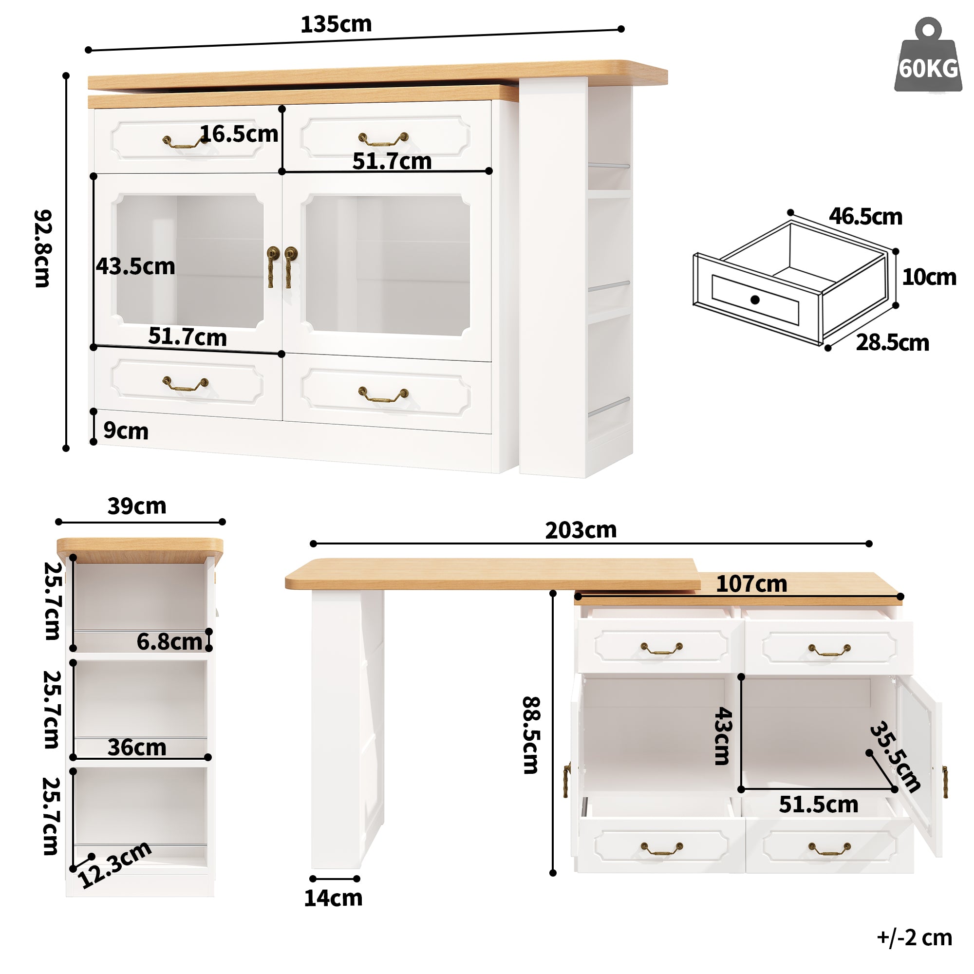 Bar Table Kitchen Island Extendable 360° Rotatable LED Storage White