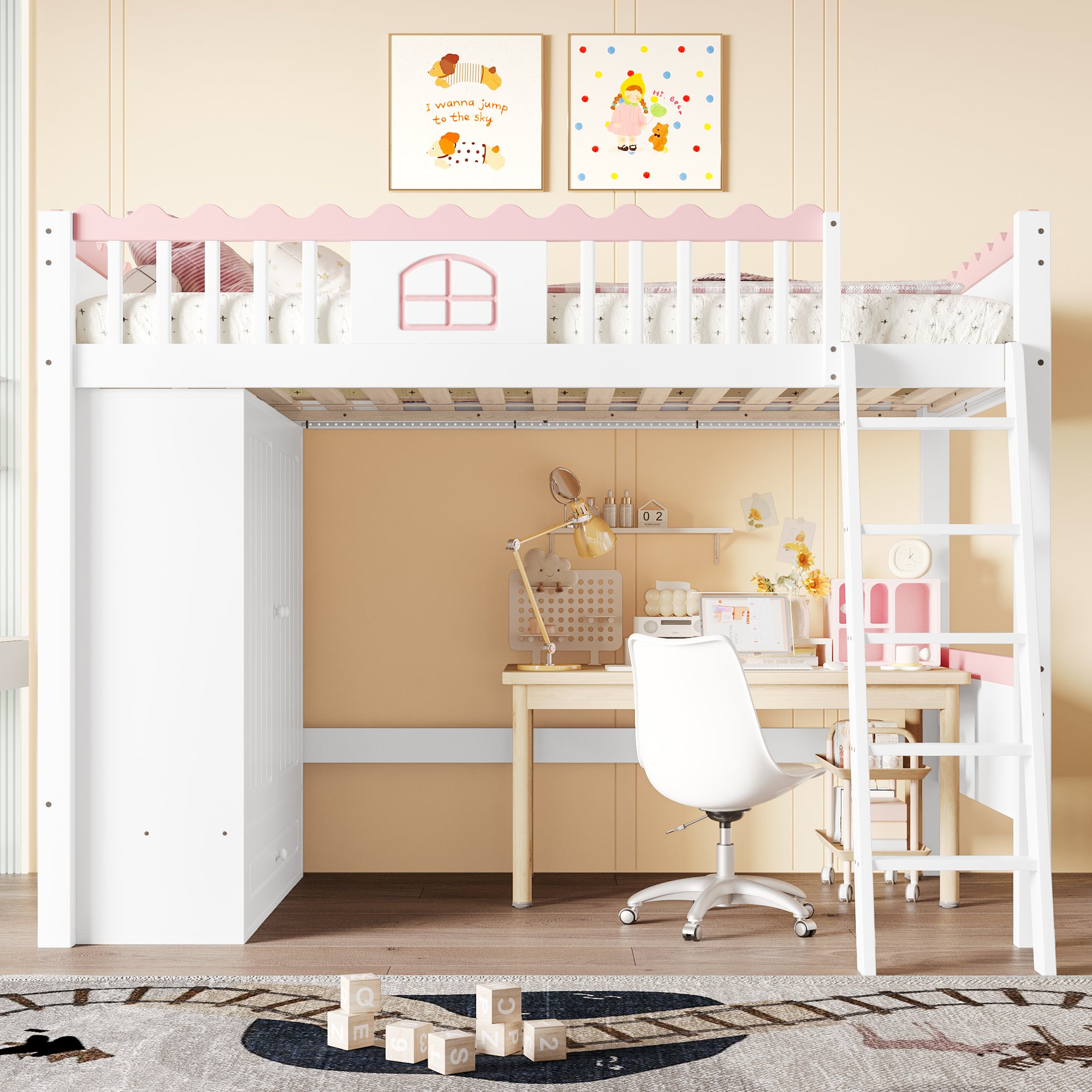 Bunk Bed Single Children's with LED Lights, Wardrobe, Storage Drawer, 90x200cm, Pine Wood White