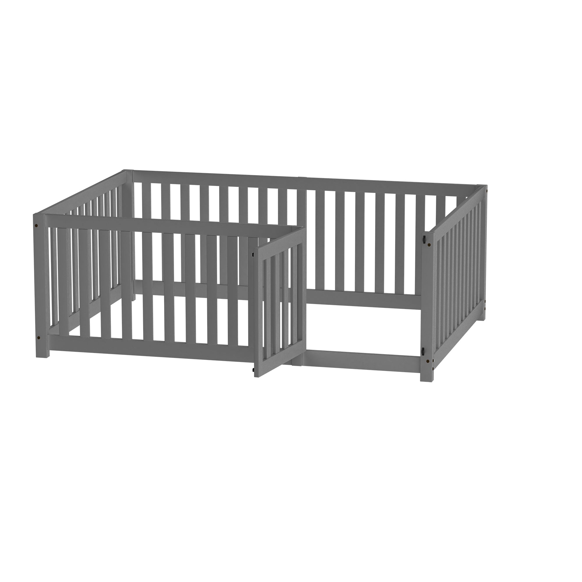 Children's bed 140 x 200, wooden floor bed frame with fence and door, grey