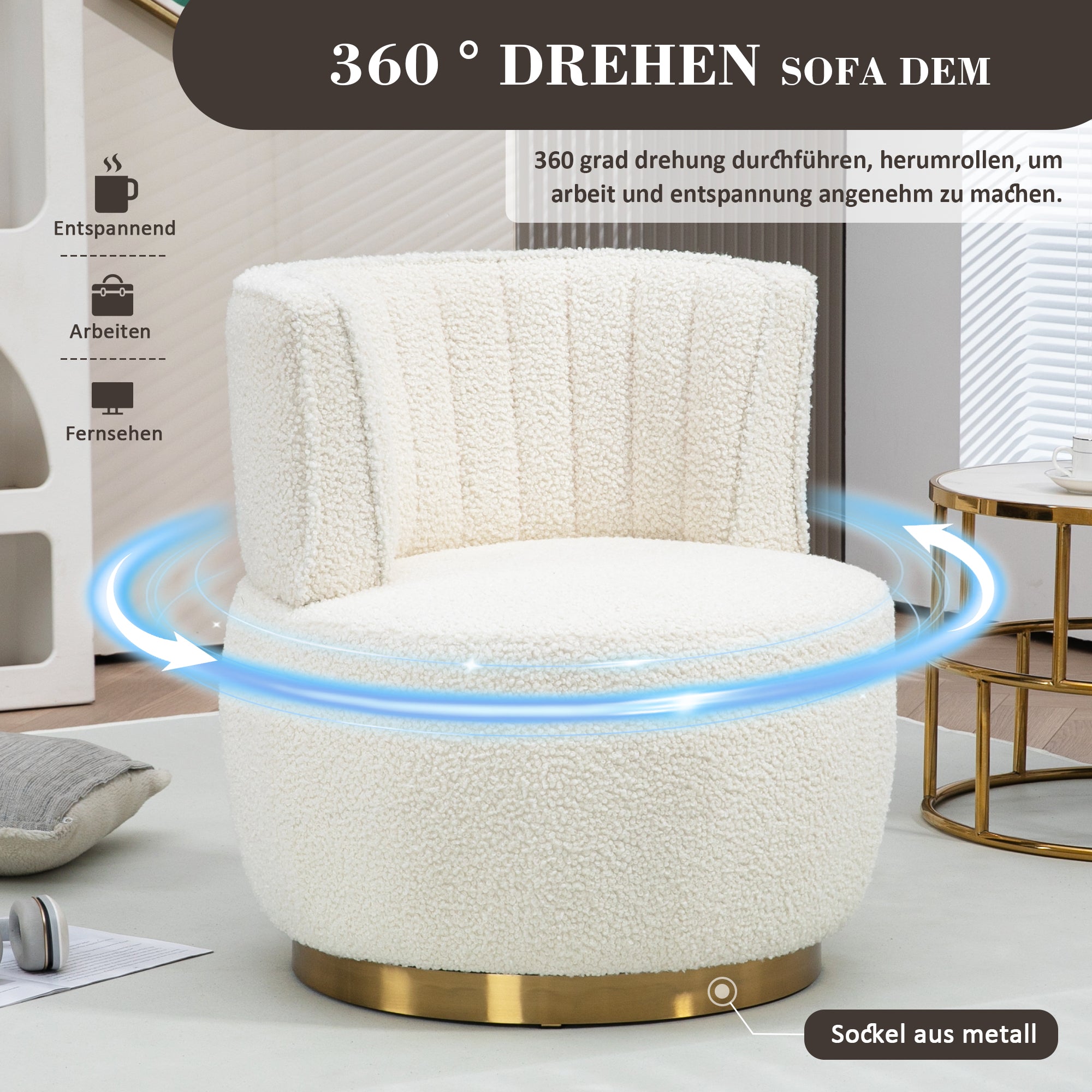 Modern Swivel Chair 360-Degree Comfortable Backrest Teddy Velvet White