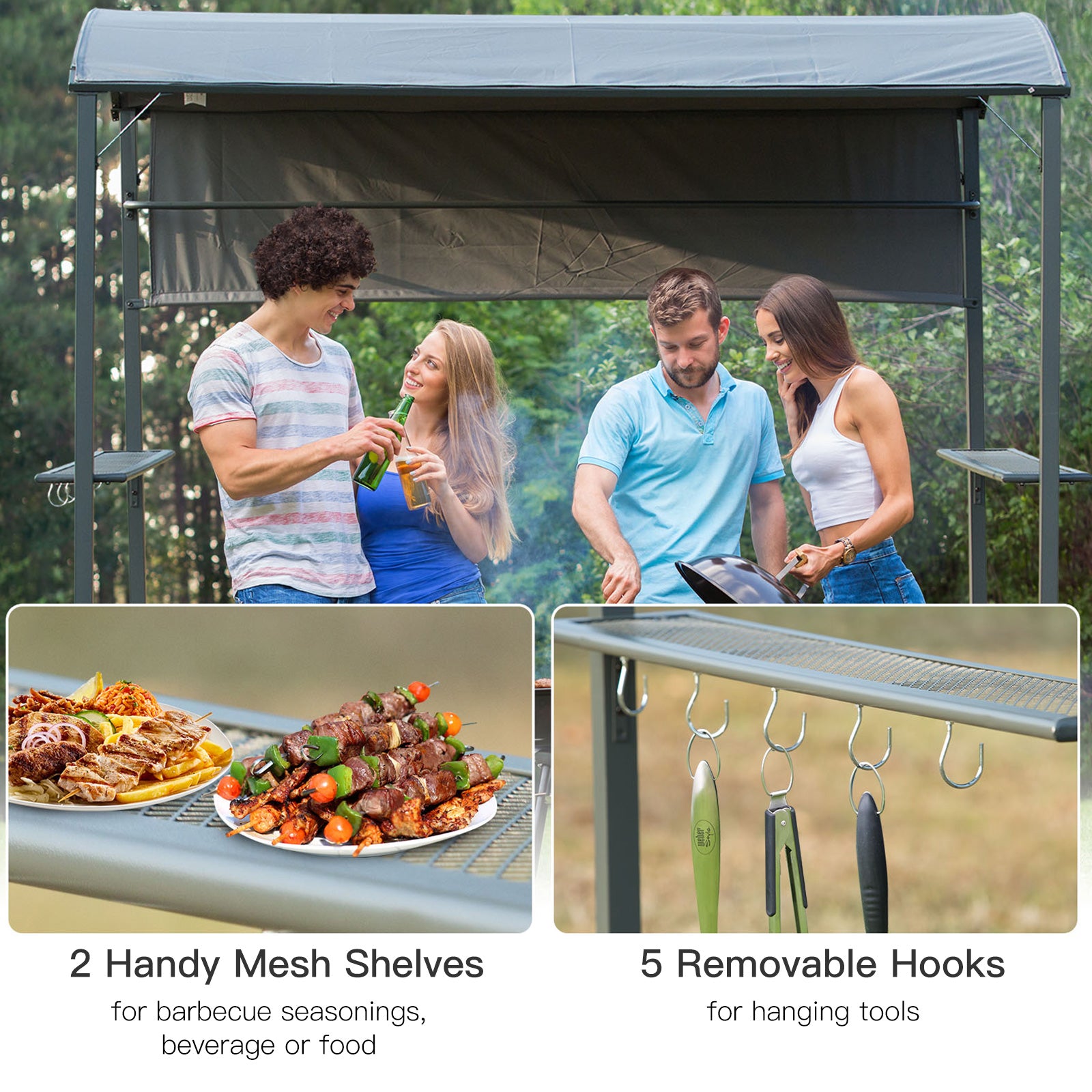 BBQ Shelter, Outdoor Grill Gazebo with Shelves & Hooks, Metal Frame