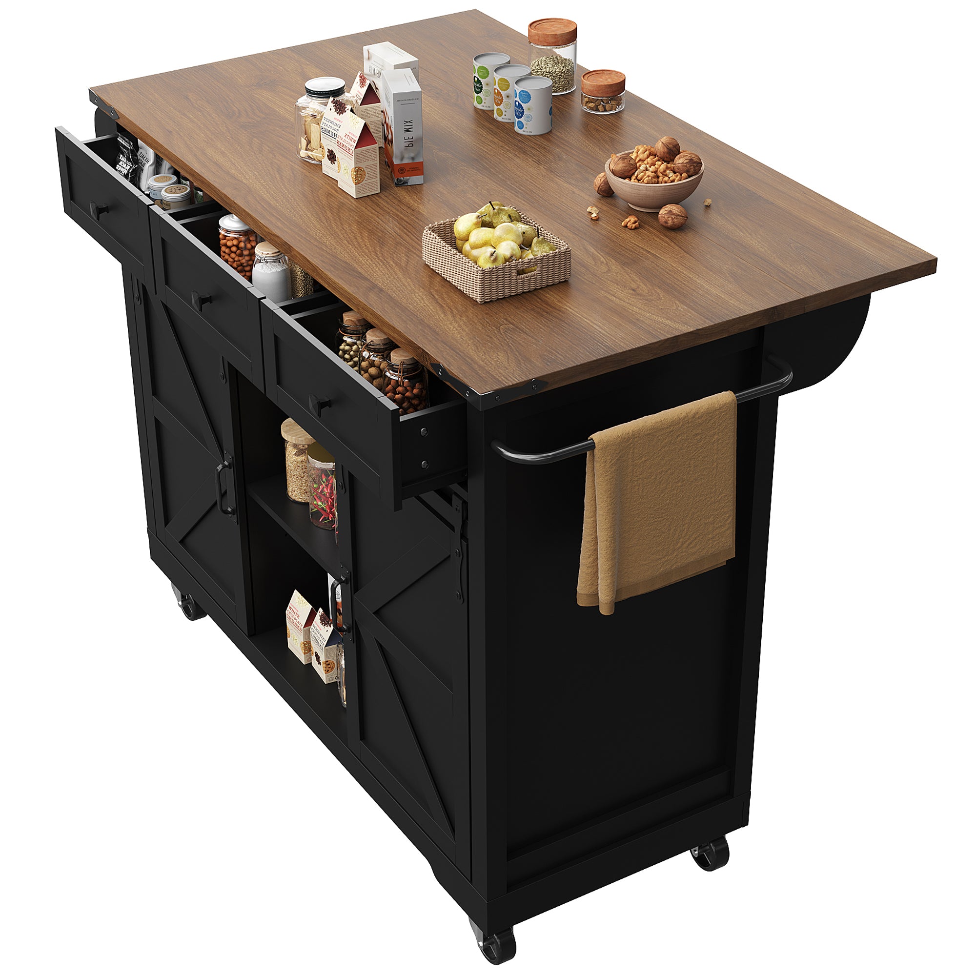 Mobile Kitchen Island Extendable Countertop 2 Sliding Doors 3 Drawers Wood Grain - Black